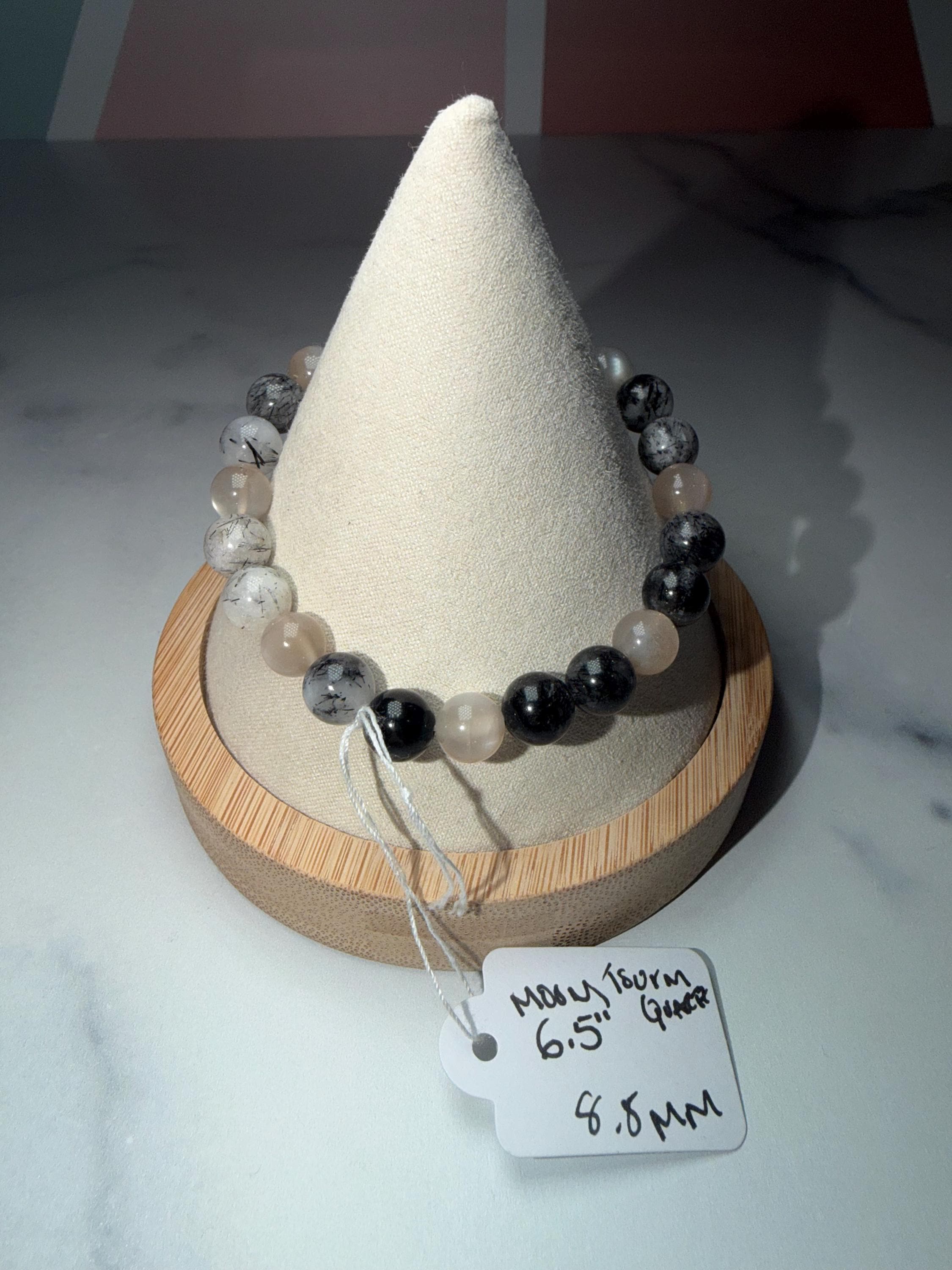 Moonstone and Tourmalated Quartz Stretch Beaded Bracelet, Intuition Protection Balance Jewelry (8.5mm) 6