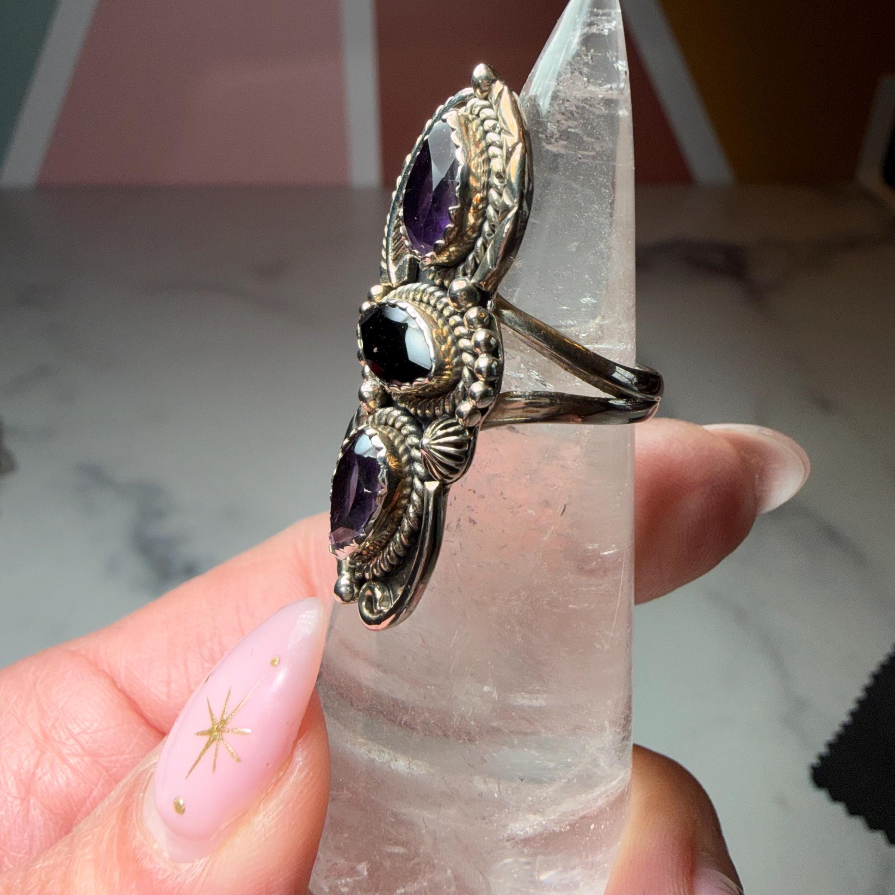 Amethyst Black Onyx Floral Ring, Sterling Silver Faceted Gemstone Jewelry (Size 6) 4