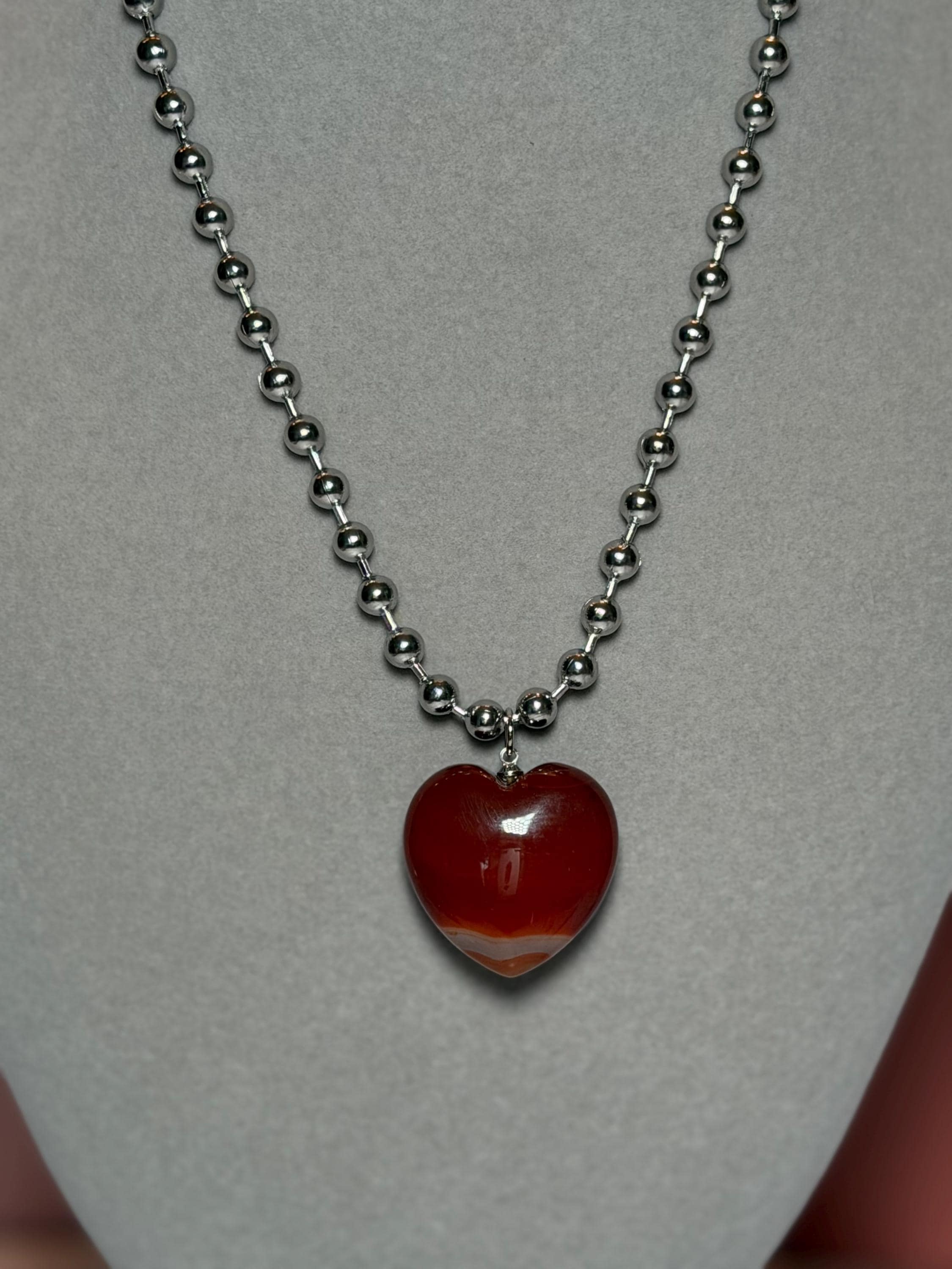 Sterling Silver Carnelian Heart Necklace, 17 Inch Ball Chain Pendant 2