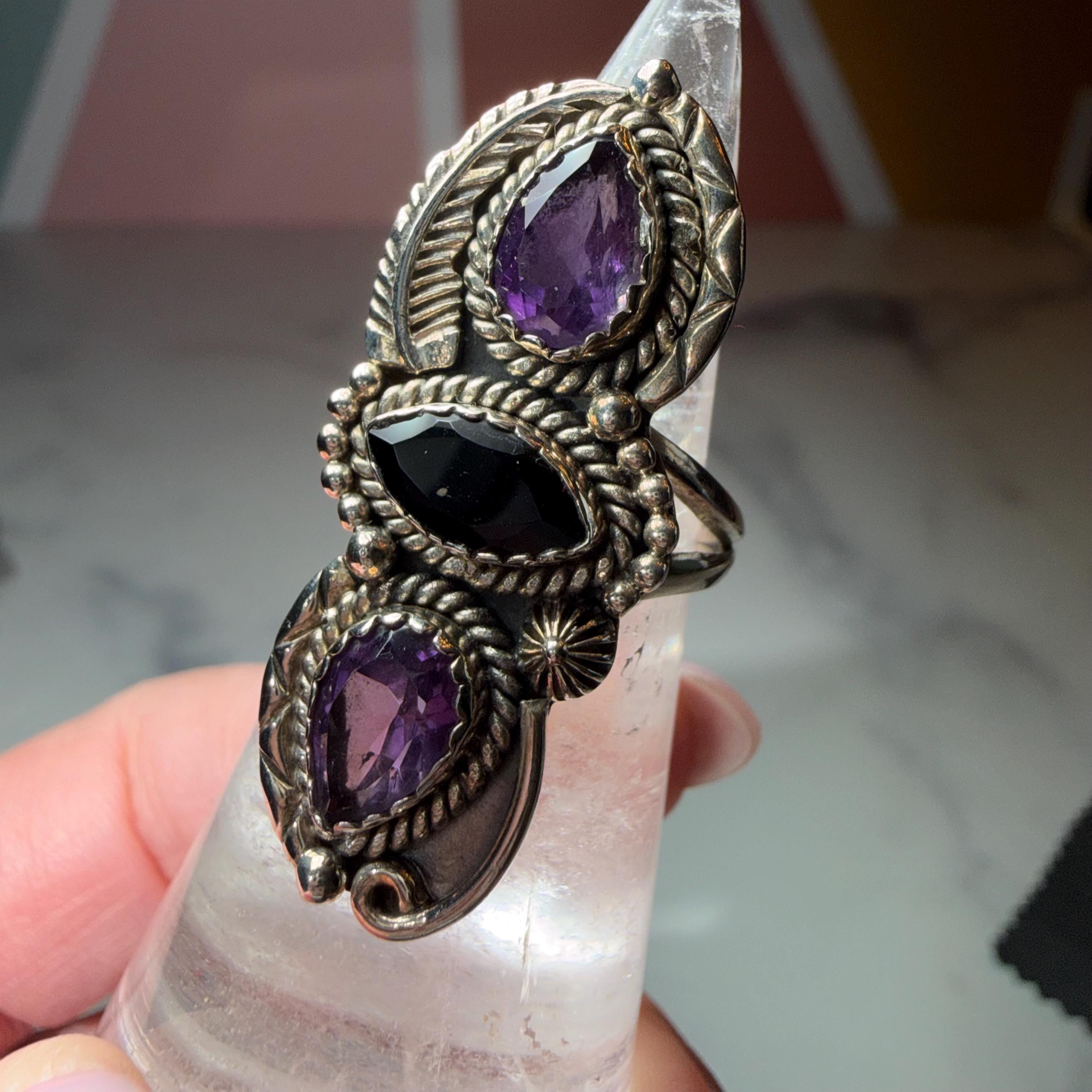 Amethyst Black Onyx Floral Ring, Sterling Silver Faceted Gemstone Jewelry (Size 6) 2