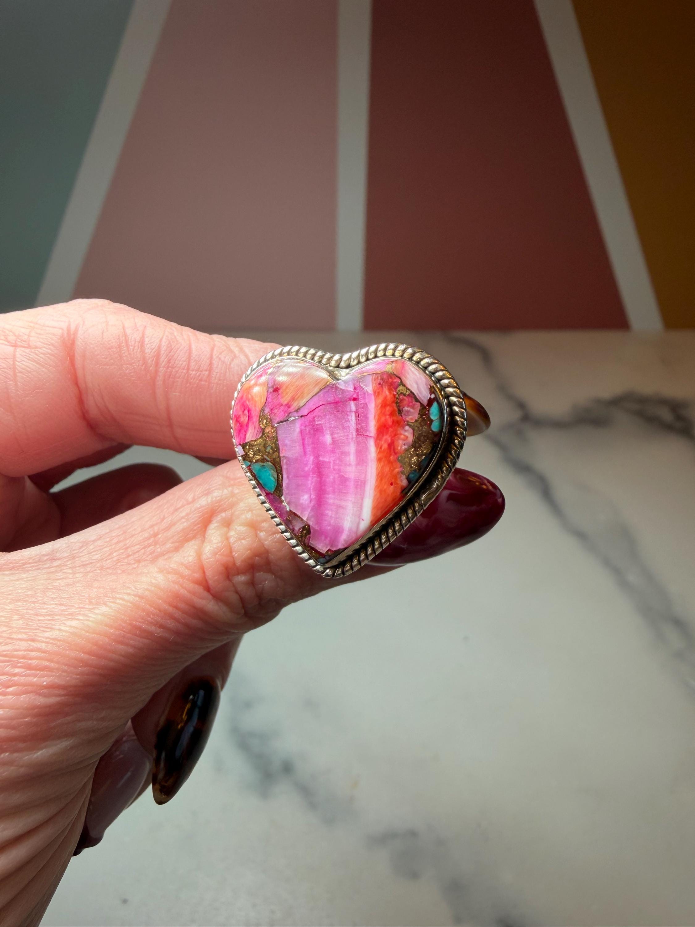 Pink Dahlia Heart Ring • Sterling Silver • Boho Gemstone Jewelry (size 7) 3