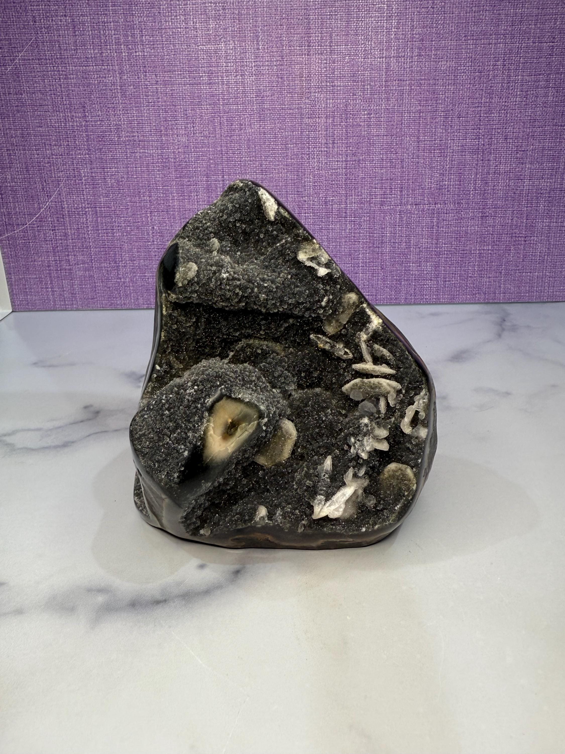 XL Black Amethyst Druzy Cut Base with Calcite • Sparkling Crystal Cluster • Spiritual Decor 2