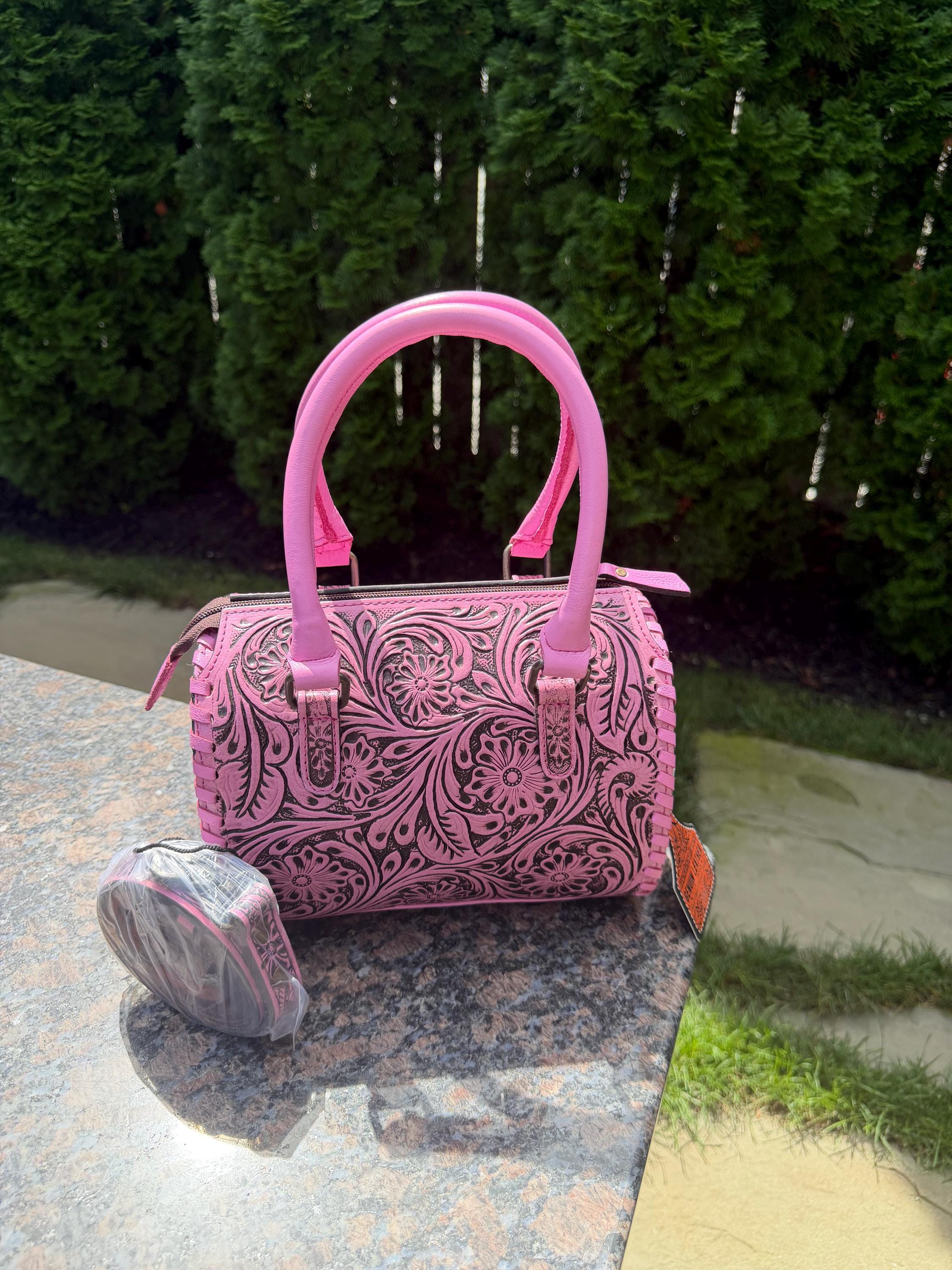Small Pink Tooled Leather Speedy Bag – Western Floral Handbag 4