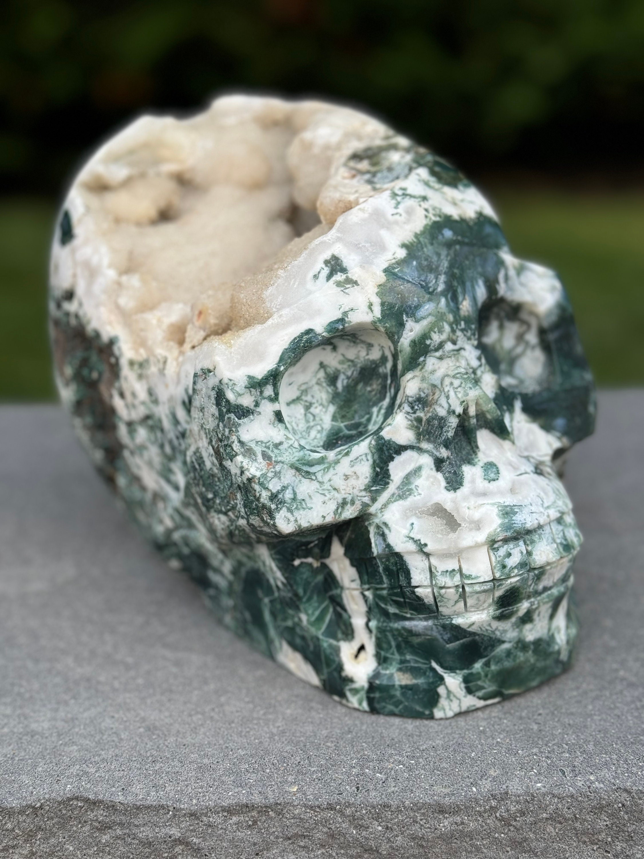 Moss Agate Skull Carving • Sugar Druzy Crystal Art, Spiritual Decor 4
