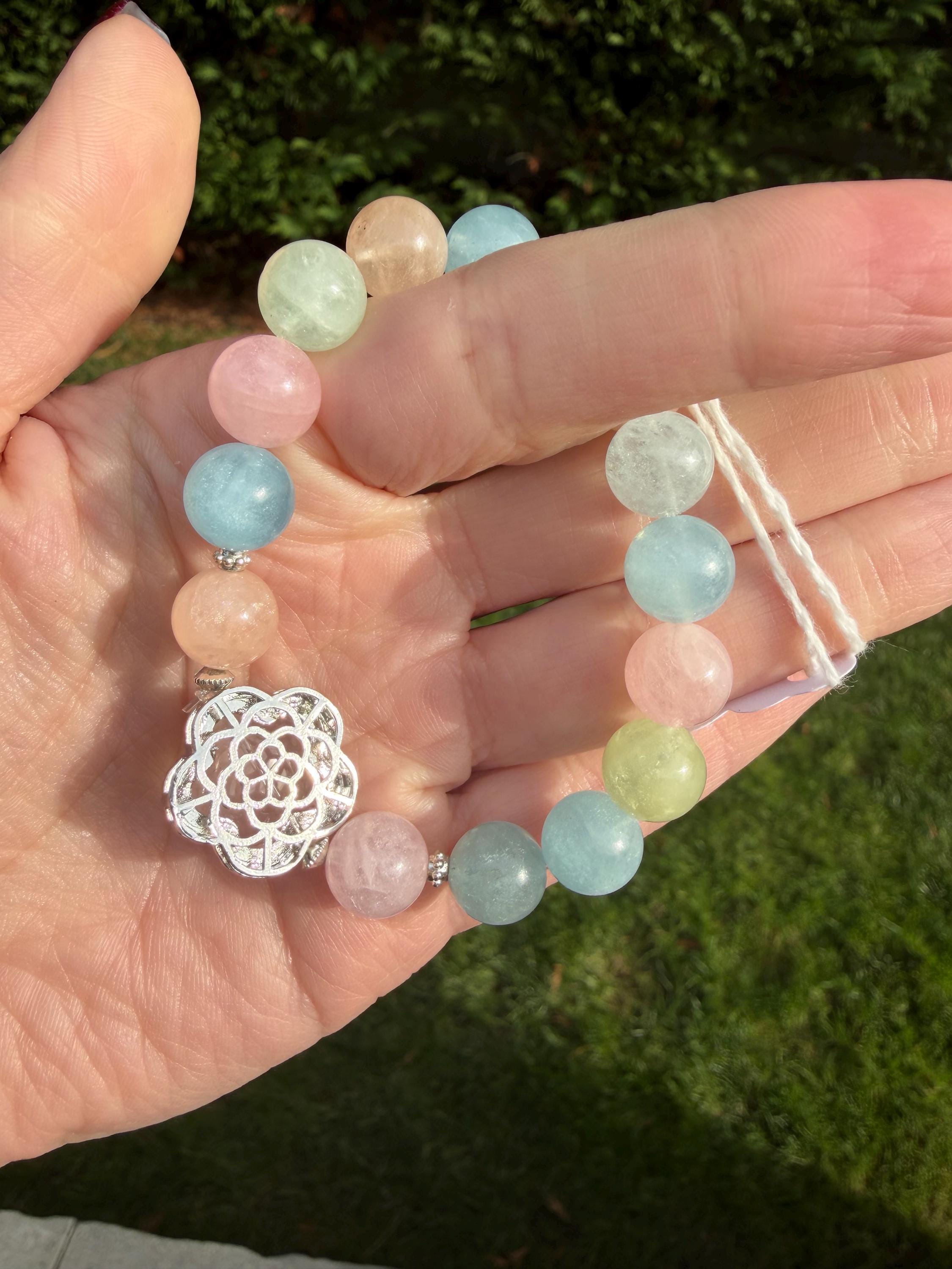 Mixed Beryl Bracelet with Rose Quartz Flower Charm • Aquamarine, Morganite, Heliodor Jewelry 7