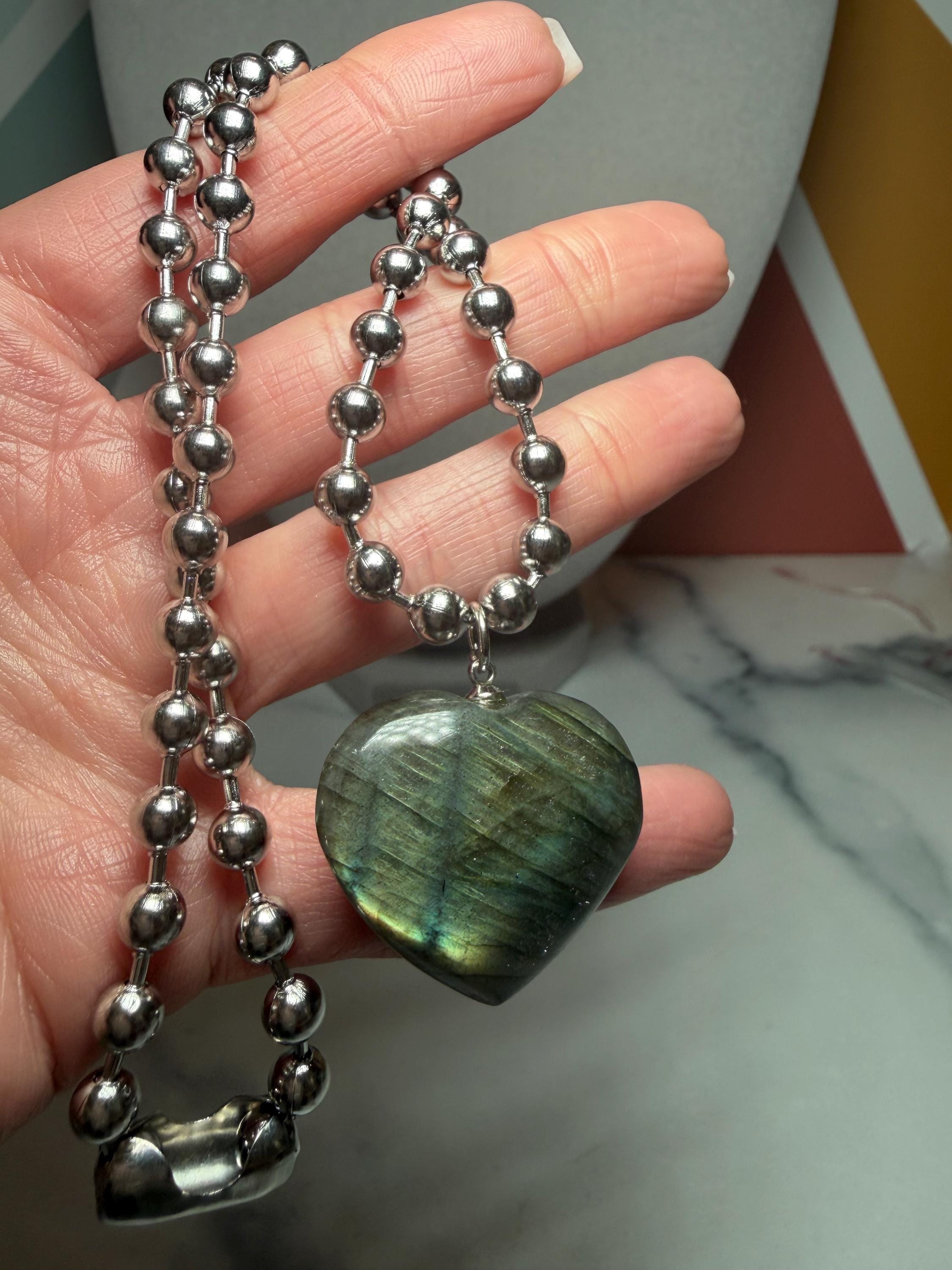Labradorite Heart Pendant Necklace, Sterling Silver Ball Chain, 17 Inch Gemstone Jewelry 9