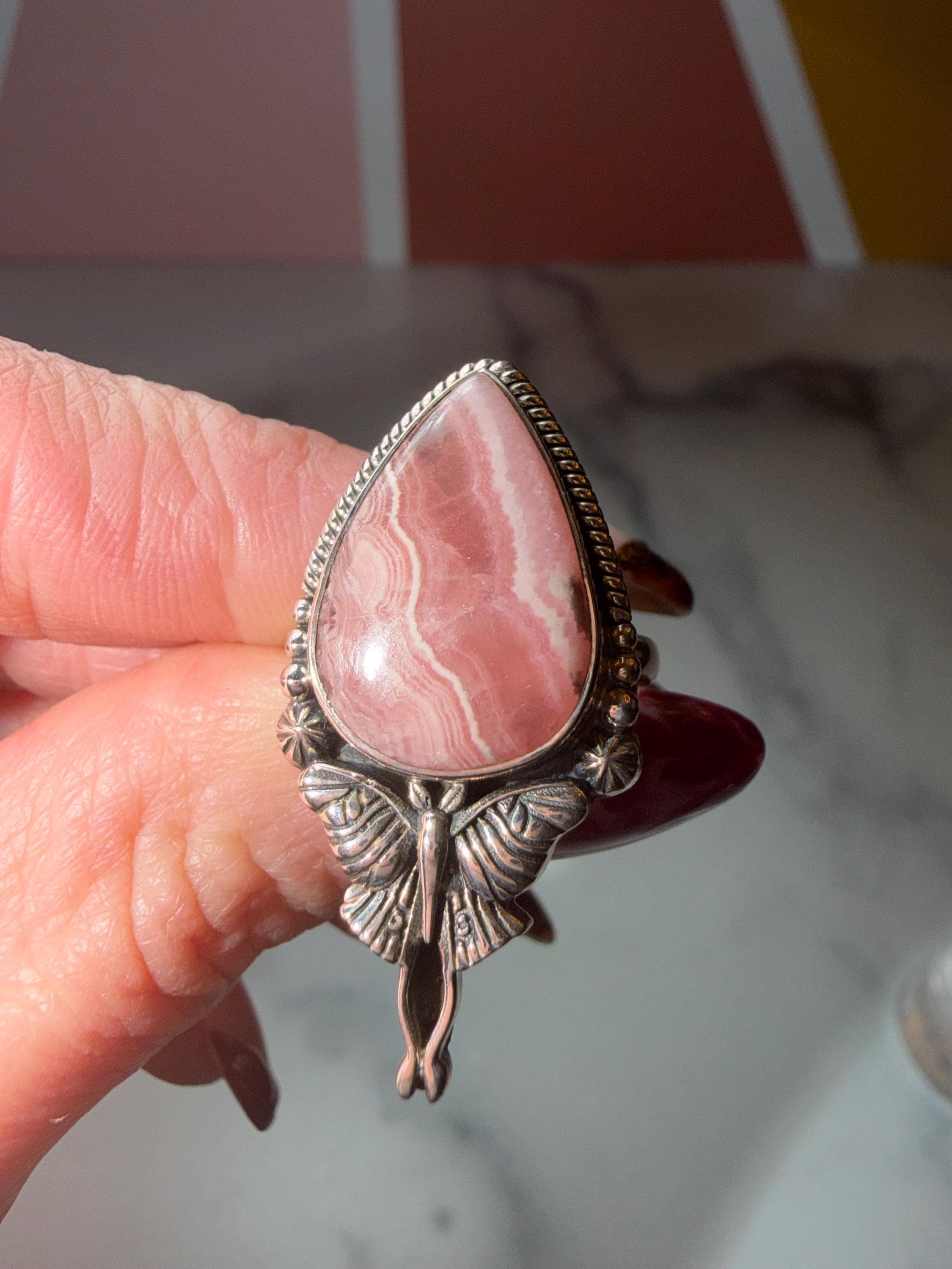 Rhodochrosite Luna Moth Ring • Sterling Silver Celestial Statement Jewelry (size 7) 5