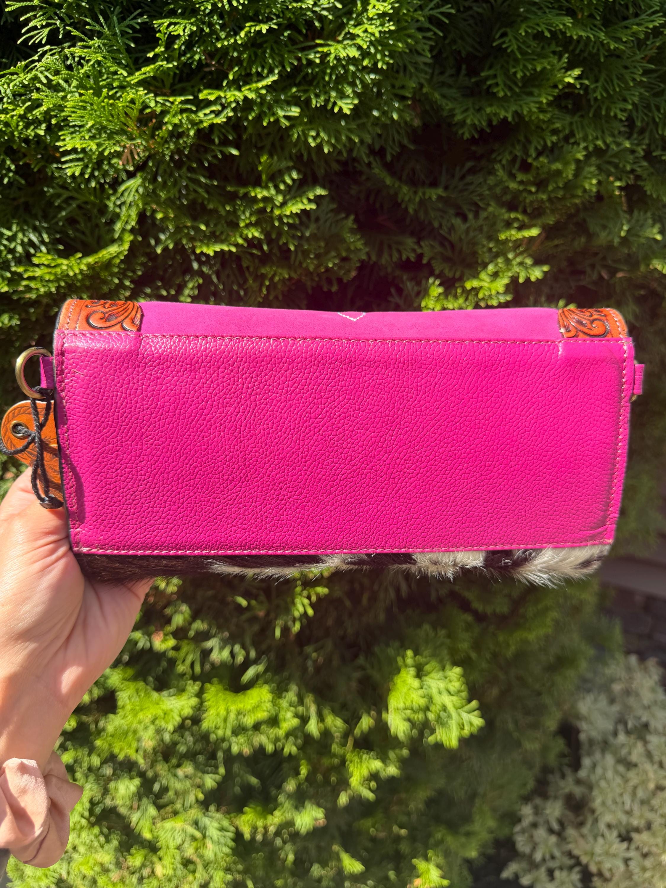 Pink Tooled Leather & Cowhide Wallet Crossbody – Western Hair-On Hide Clutch 8