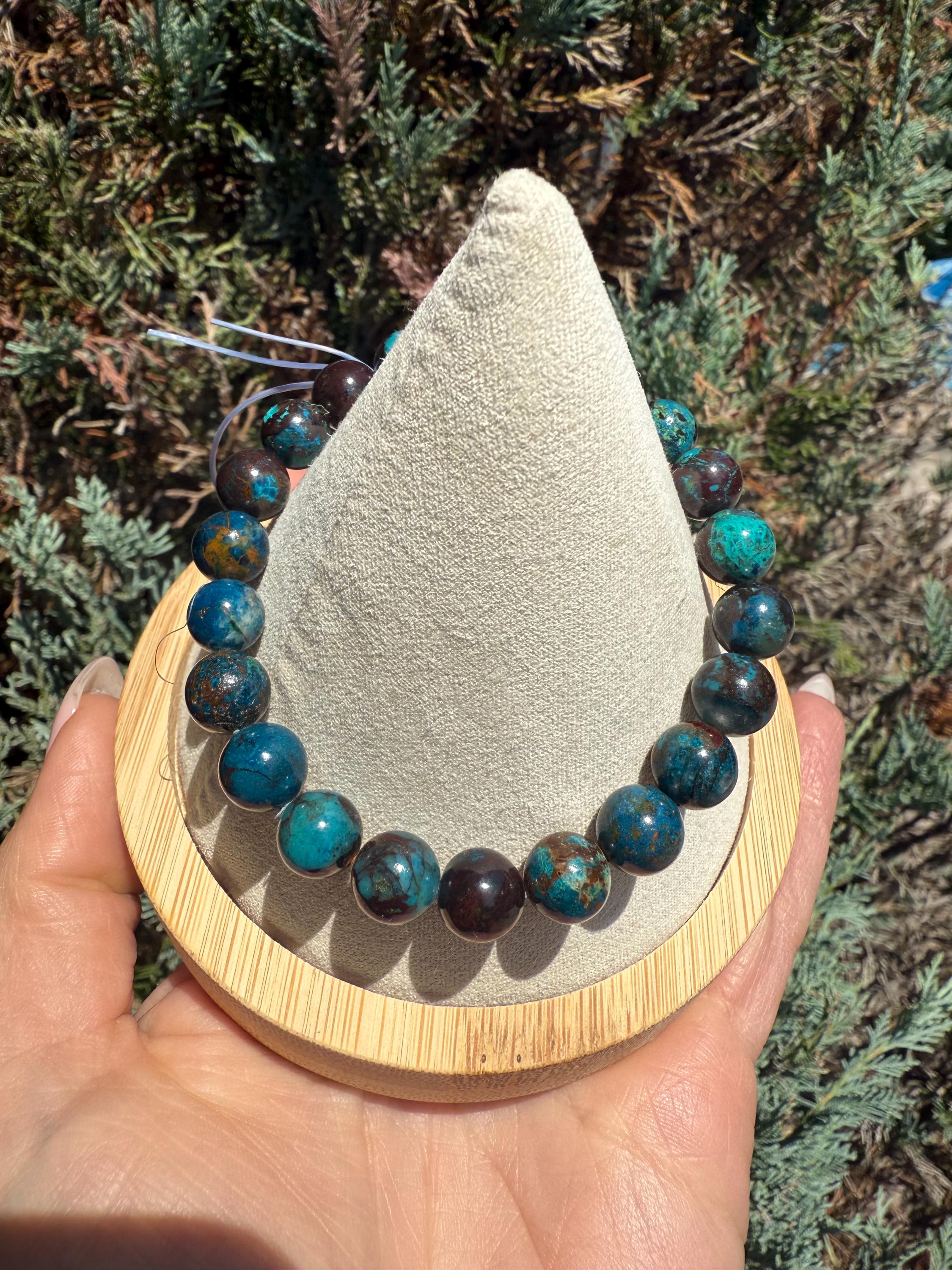 Azurite Chrysocolla Malachite Beaded Stretch Bracelet, Natural Gemstone Healing Jewelry 9