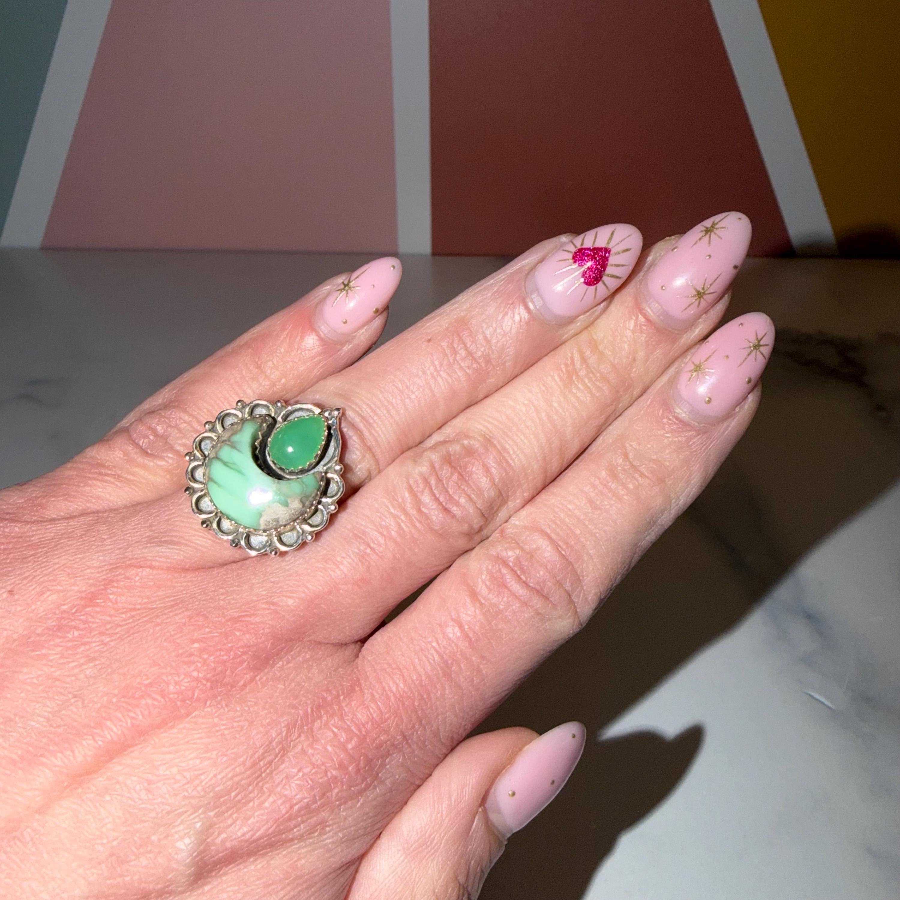 Variscite Chrysoprase Moon Ring • 925 Sterling Silver Statement Gemstone Boho Jewelry (Size 6) 2