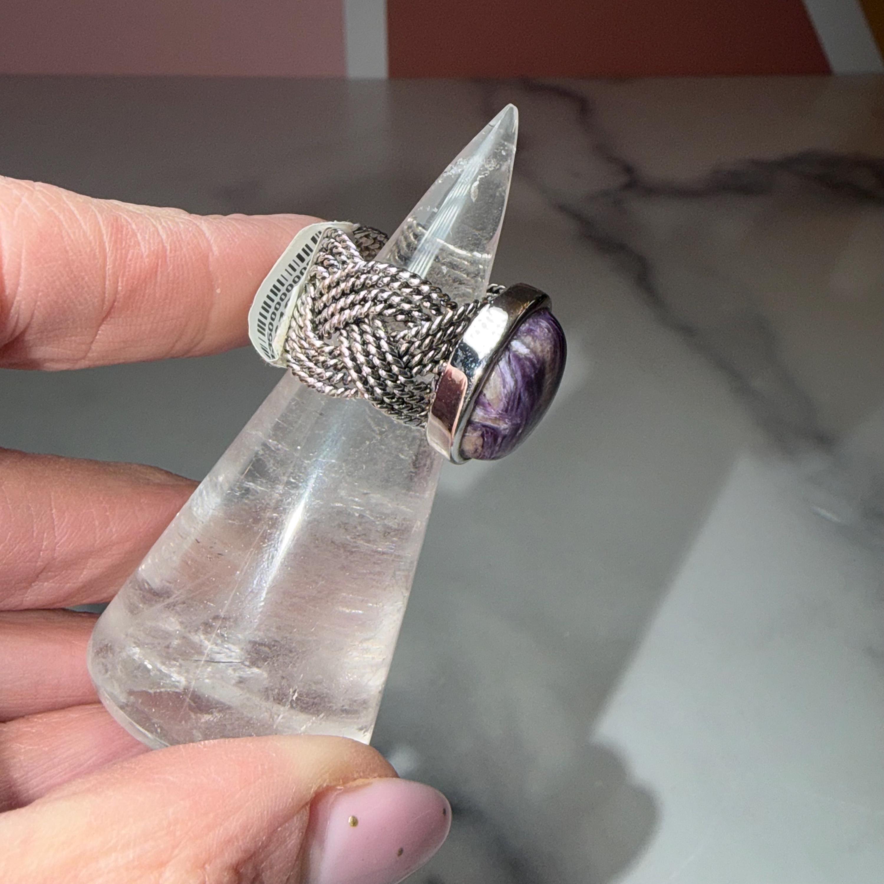 Chariote Sterling Silver Ring, Braided Band, Genuine Charoite Gemstone Size 6 4
