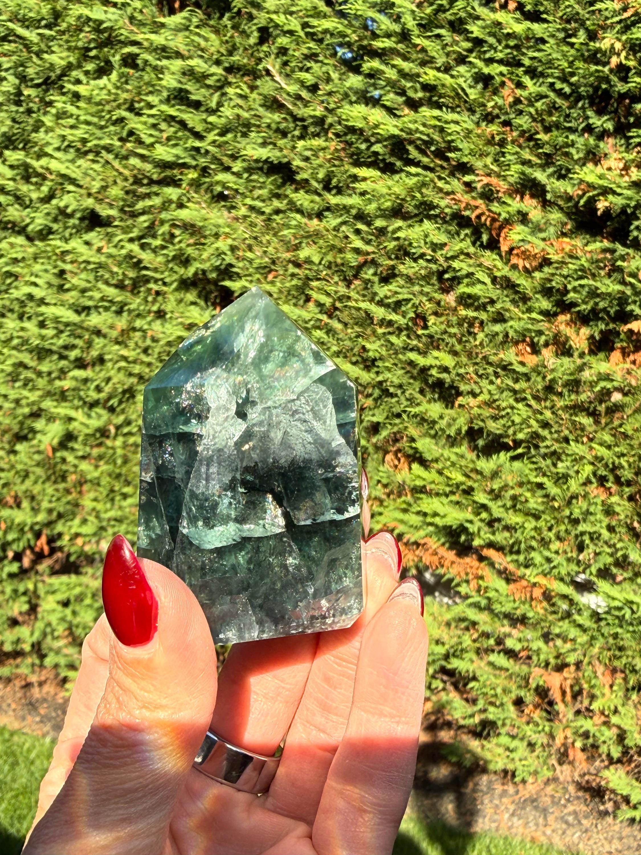 Green Fluorite Crystal Tower from Brazil: Polished Fluorite Point