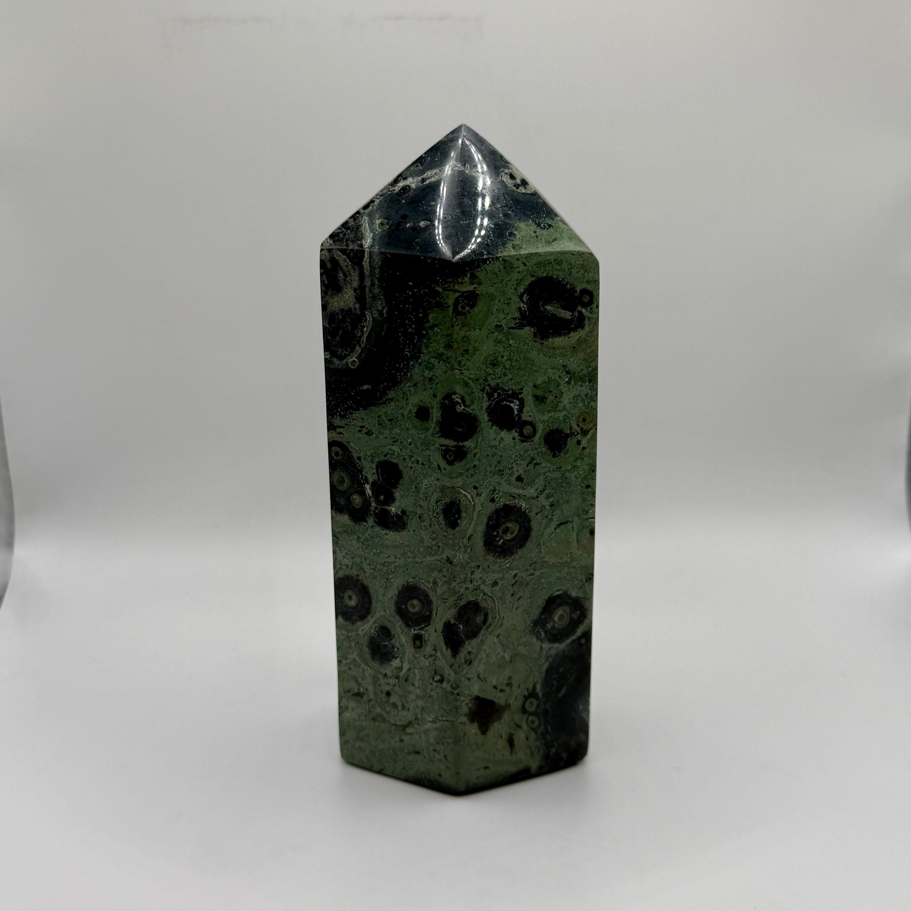 XL Kambaba Jasper Crystal Tower, Polished Green Orbicular Stone Obelisk, Spiritual Decor 2