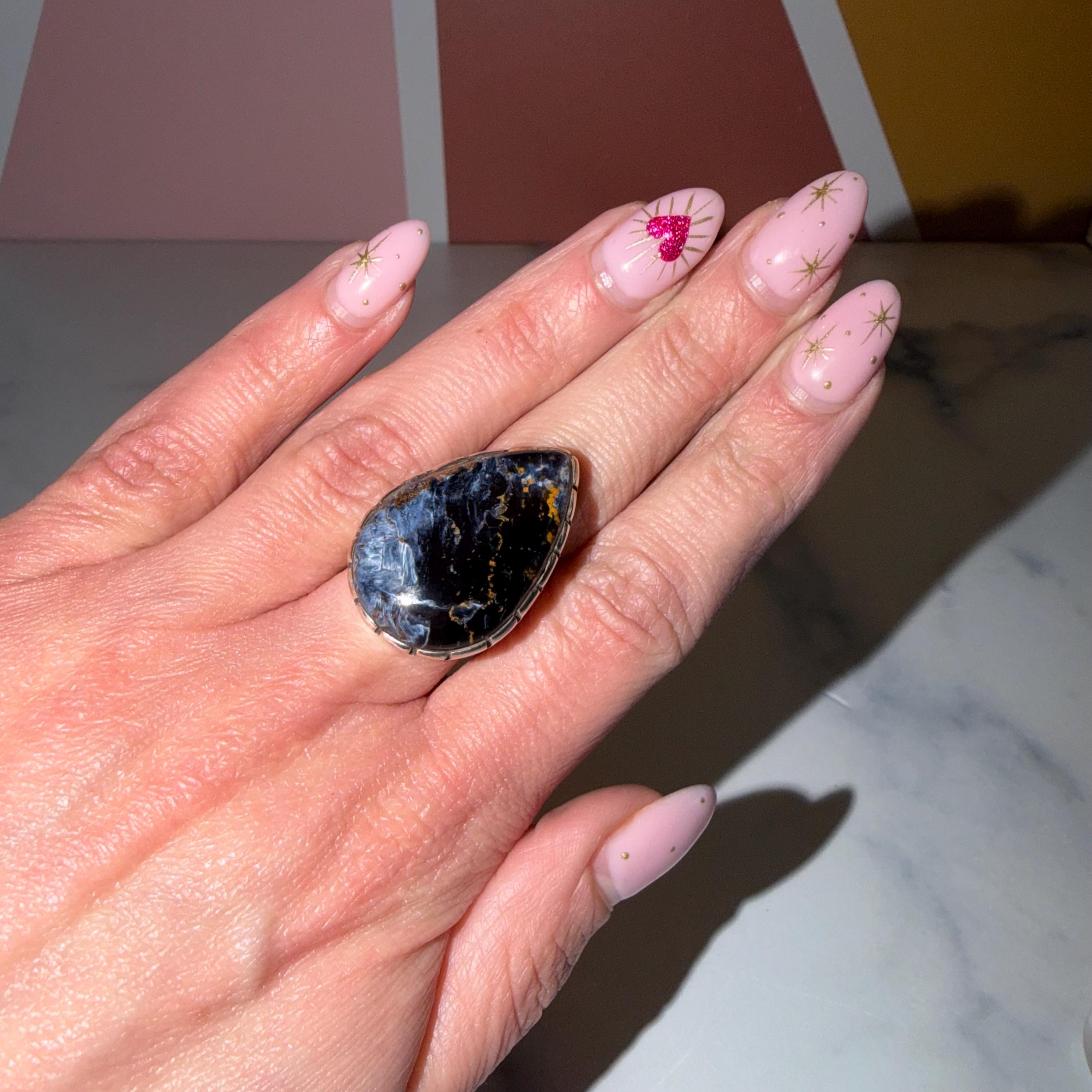 Large Pietersite Teardrop Ring • Sterling Silver Statement Gemstone Jewelry (Size 7) 3