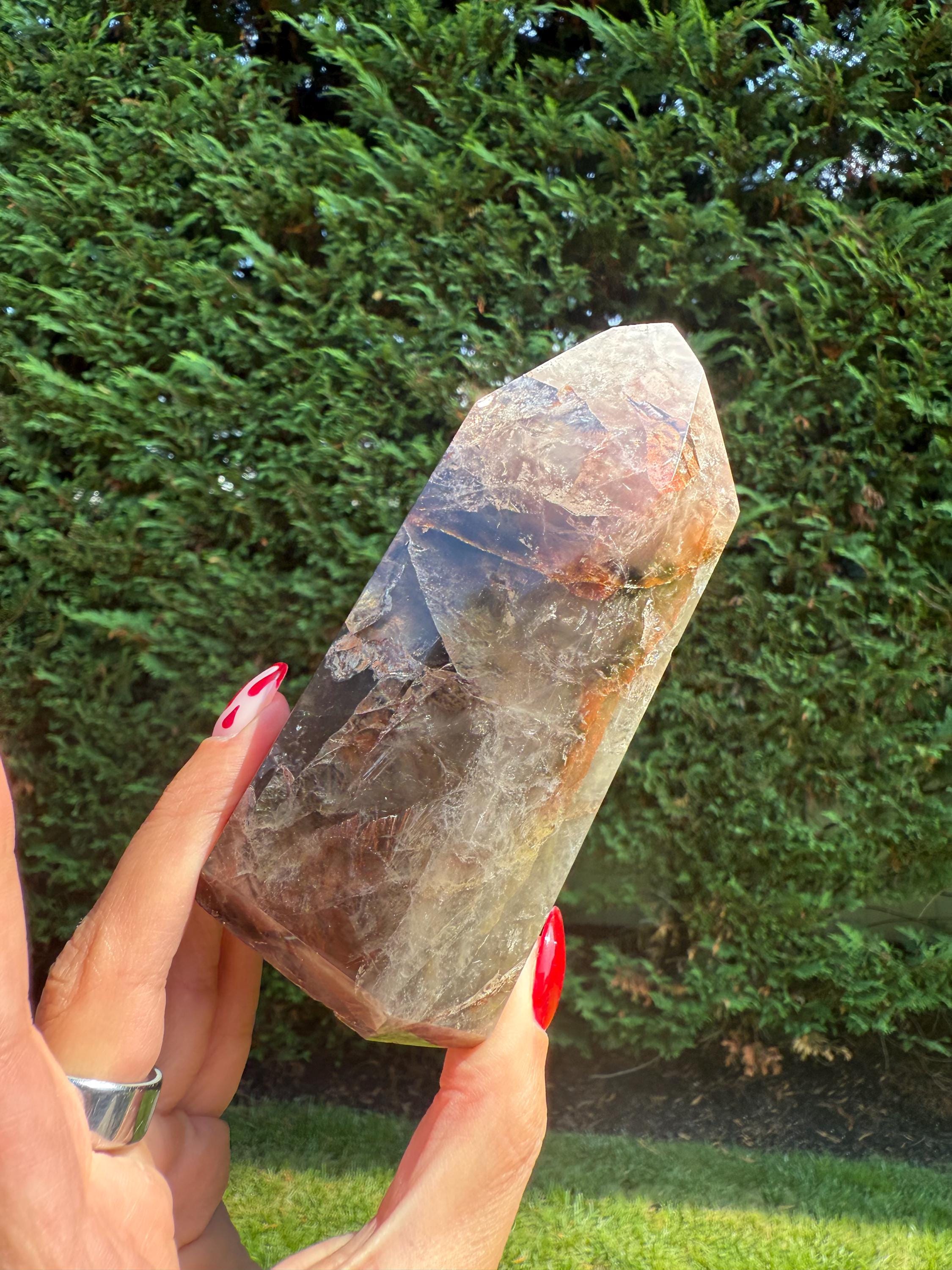 Fire Quartz & Smoky Quartz Crystal Tower from Madagascar: Grounding and Energizing Stone Point 2