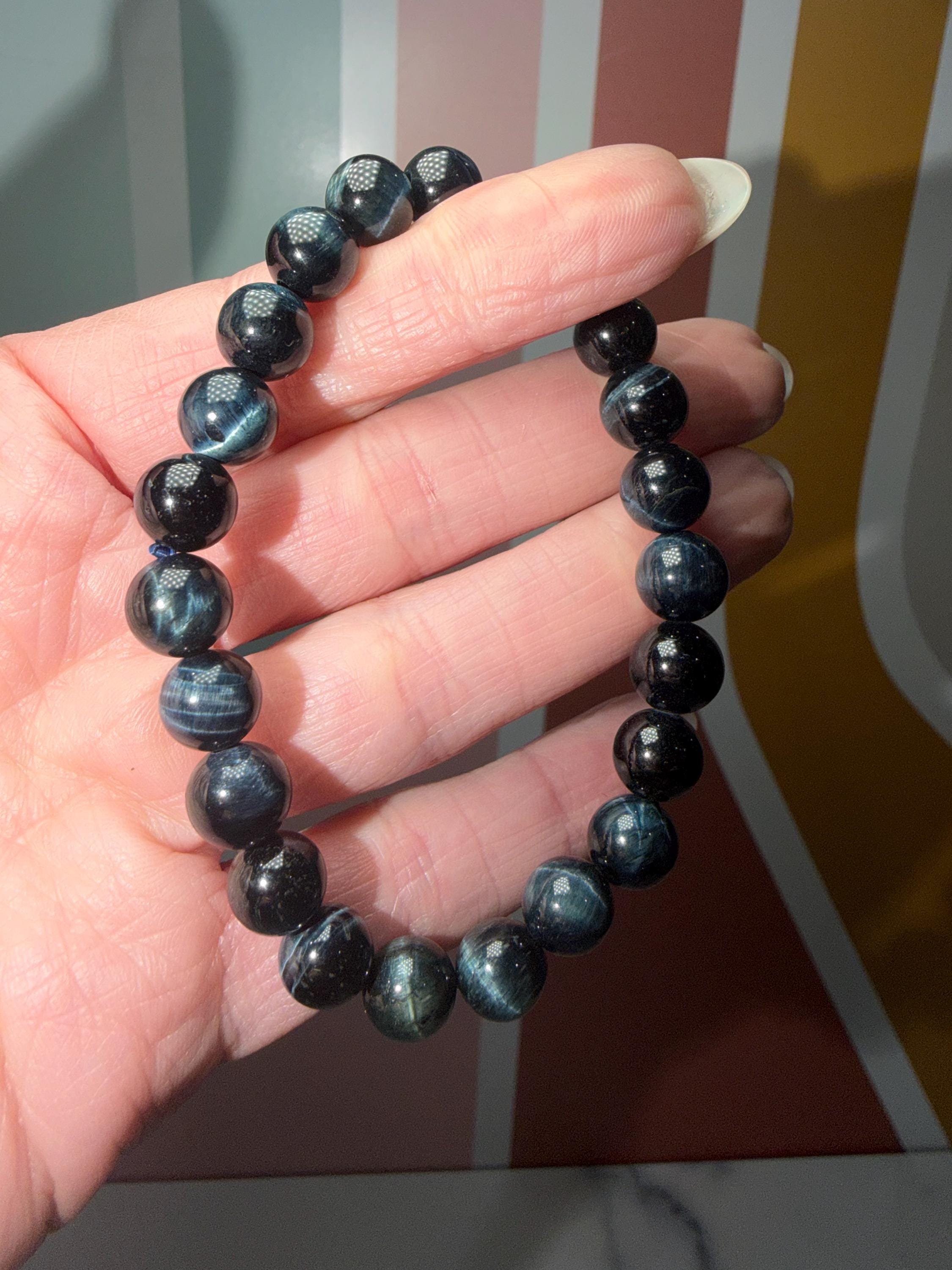 Blue Tiger’s Eye Crystal Stretch Beaded Bracelet, Protective Grounding Gemstone Jewelry (8.6mm) 2