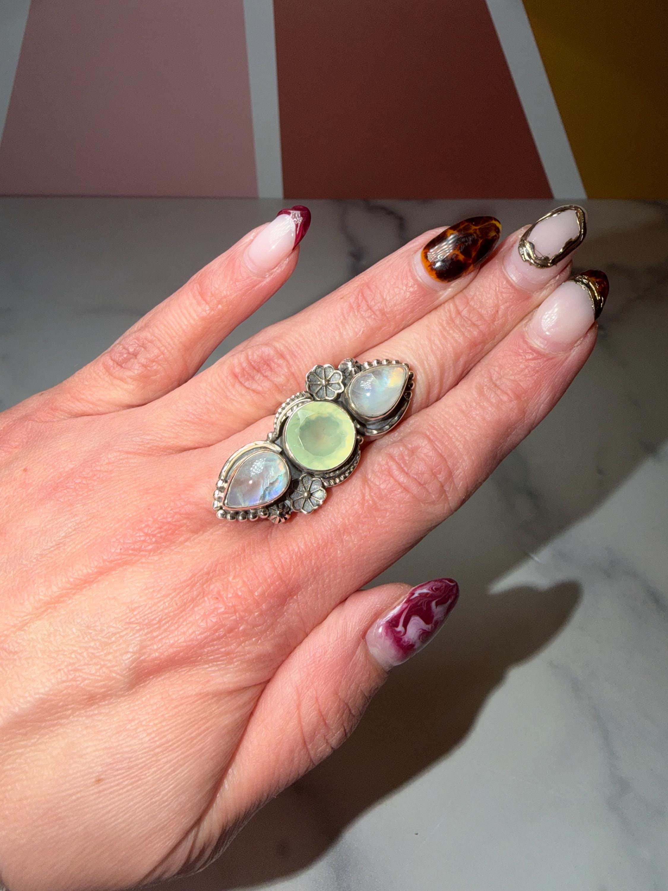 Triple Prehnite Moonstone Floral Ring • Sterling Silver Boho Statement Gemstone (Size 7) 3