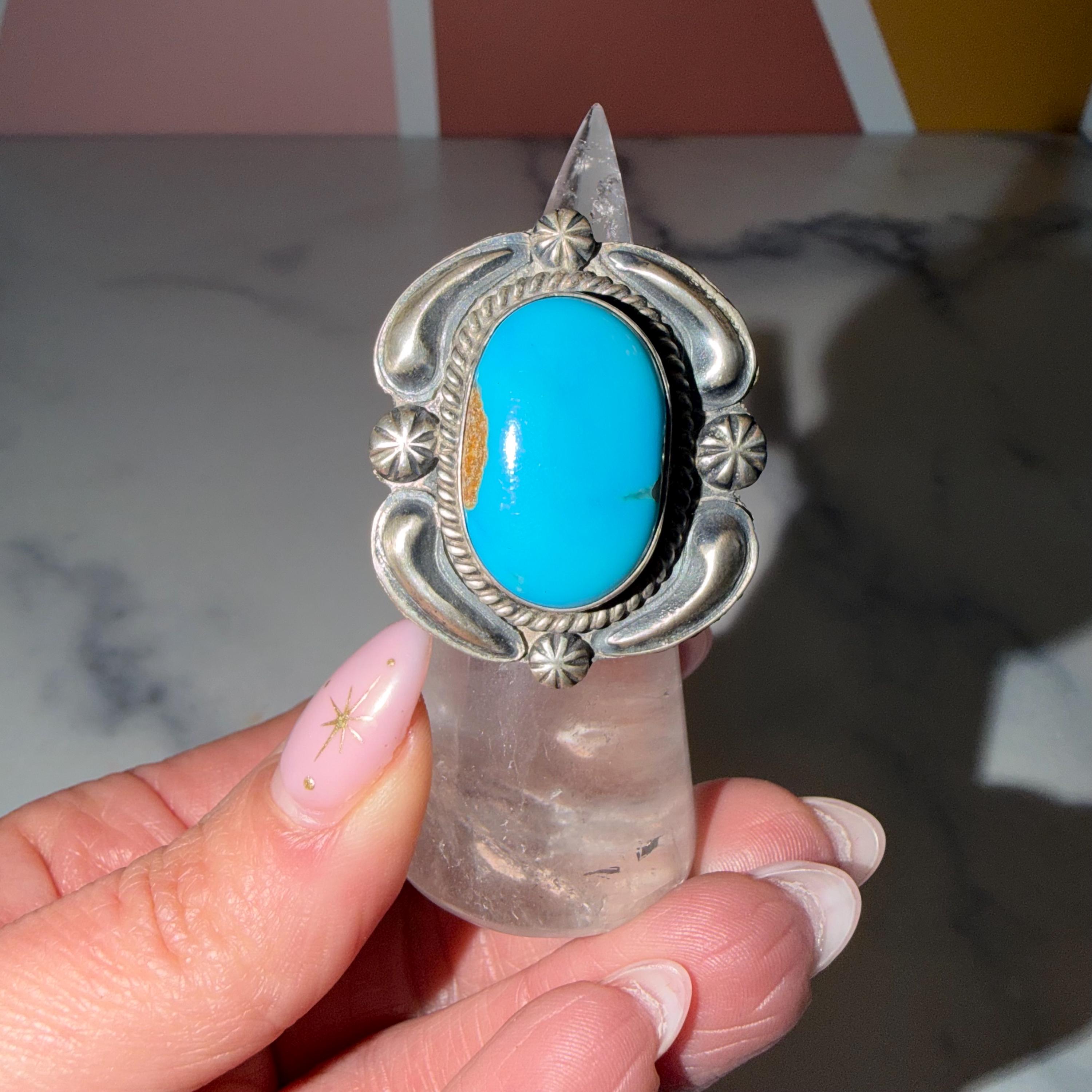 Jeff James Kingman Turquoise Ring • Sterling Silver • Size 7.5 • Native Southwestern Statement
