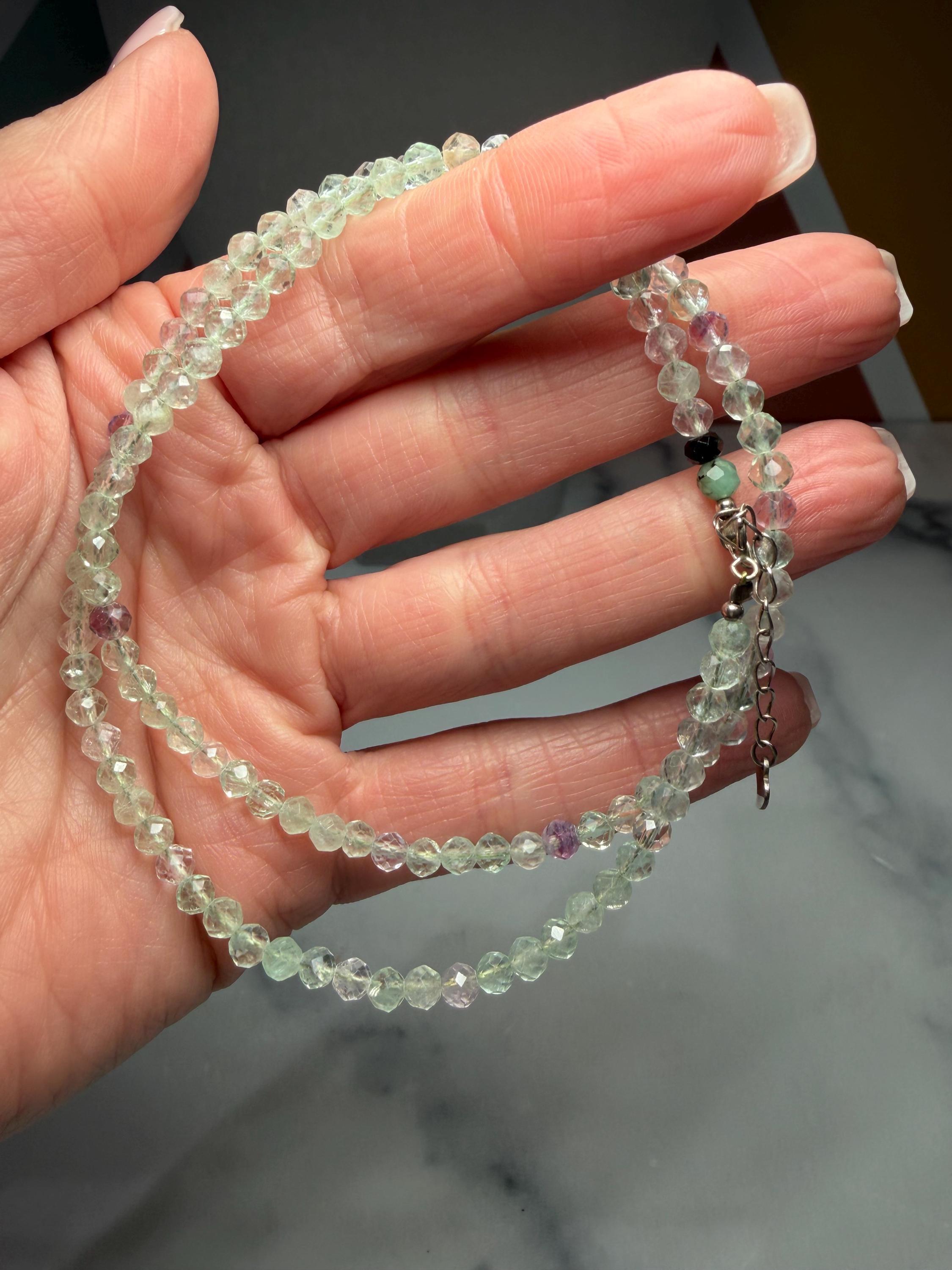 Faceted Fluorite Beaded Necklace, Sterling Silver Chain, Multicolor Gemstone, Adjustable Length 4