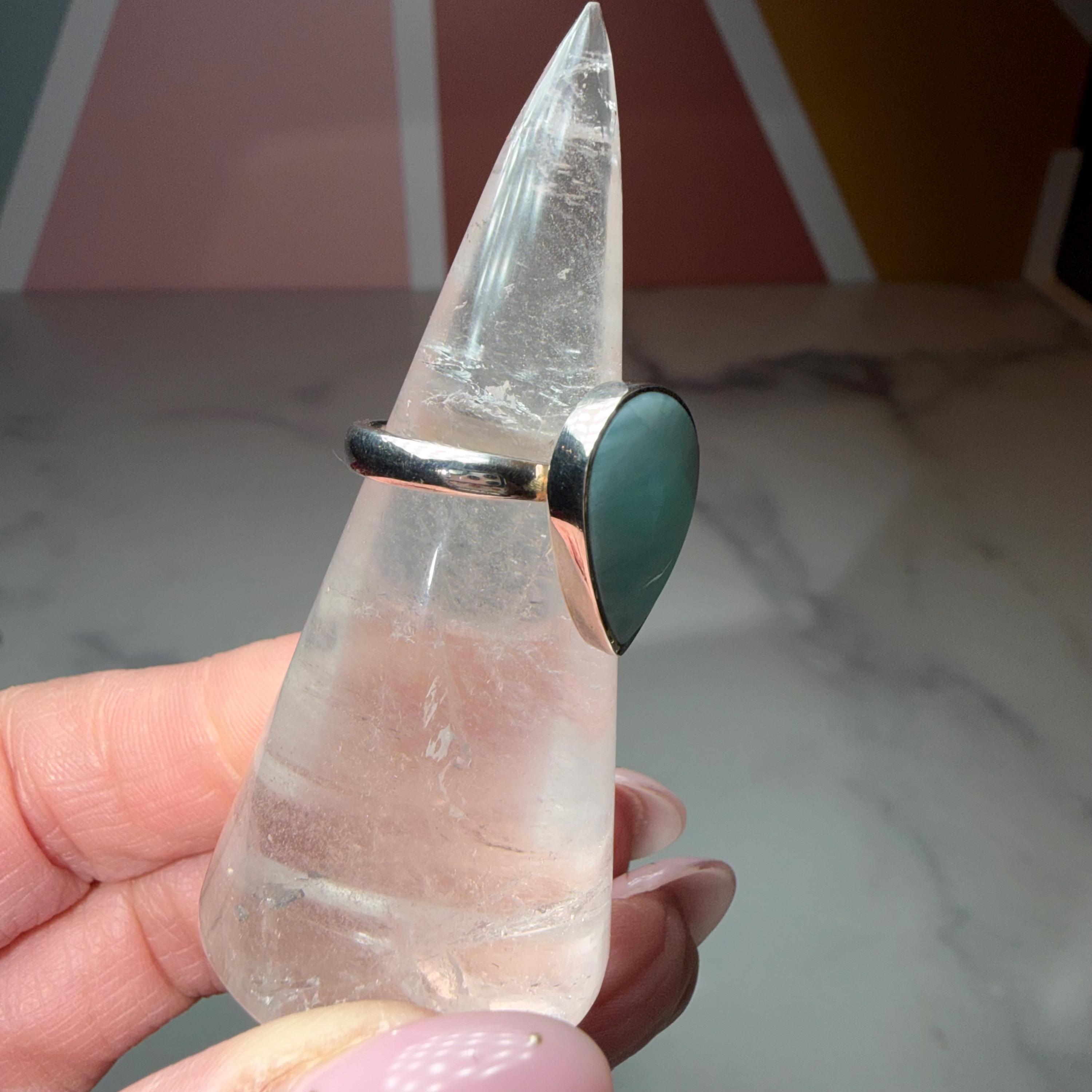 Larimar Tear Drop Ring, Sterling Silver Ocean Stone Statement Jewelry (size 7) 5