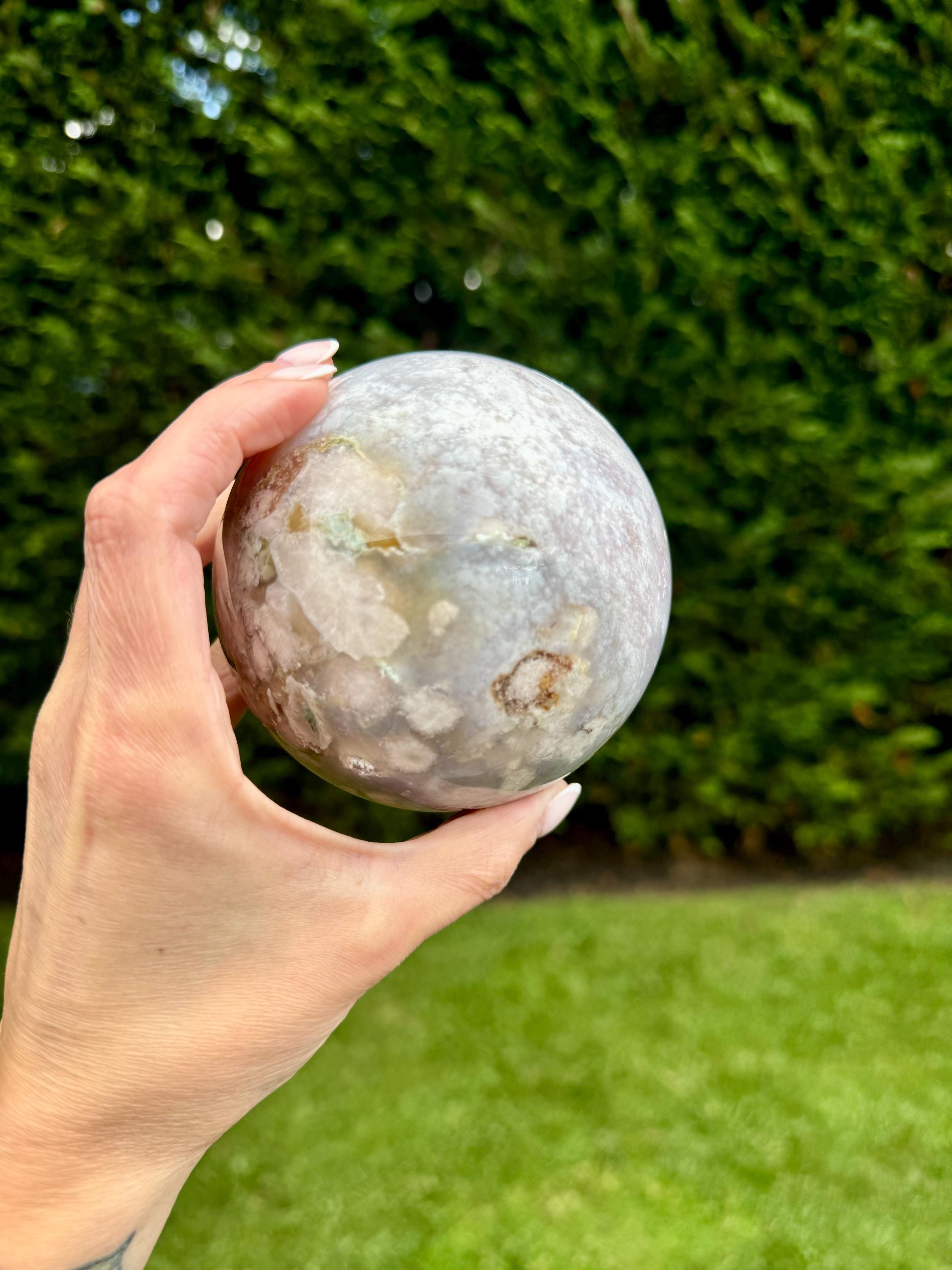 Flower Agate Crystal Sphere, Carnelian Amethyst Orb, Large Natural Stone Decor 5