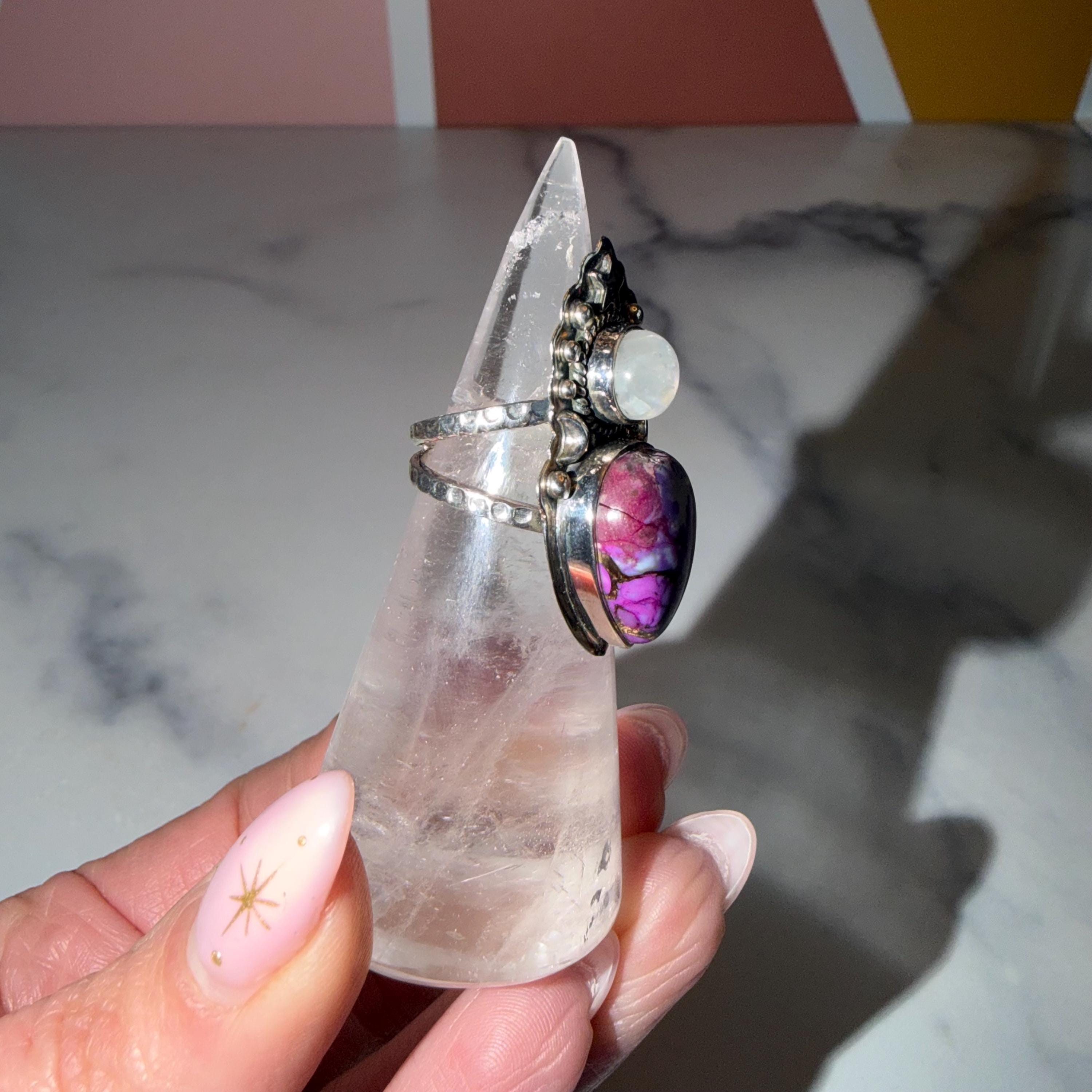 Sterling Silver Statement Ring, Purple Turquoise Moonstone, Gothic Boho Western Style, Size 5.5 5