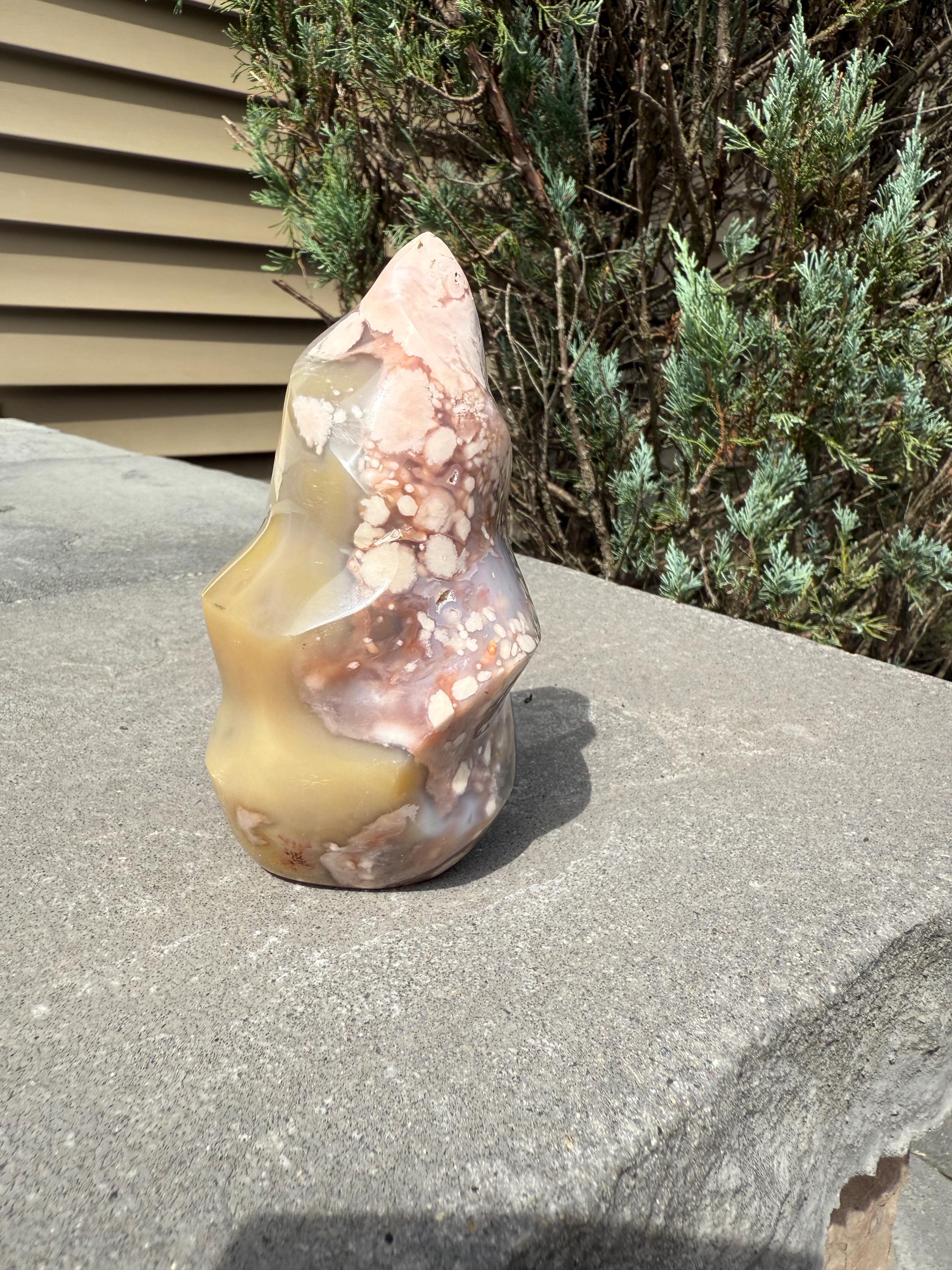 Flower Agate Flame Carving • Crystal Flame • Natural Healing Stone • Freeform Gemstone Sculpture • Spiritual Decor
