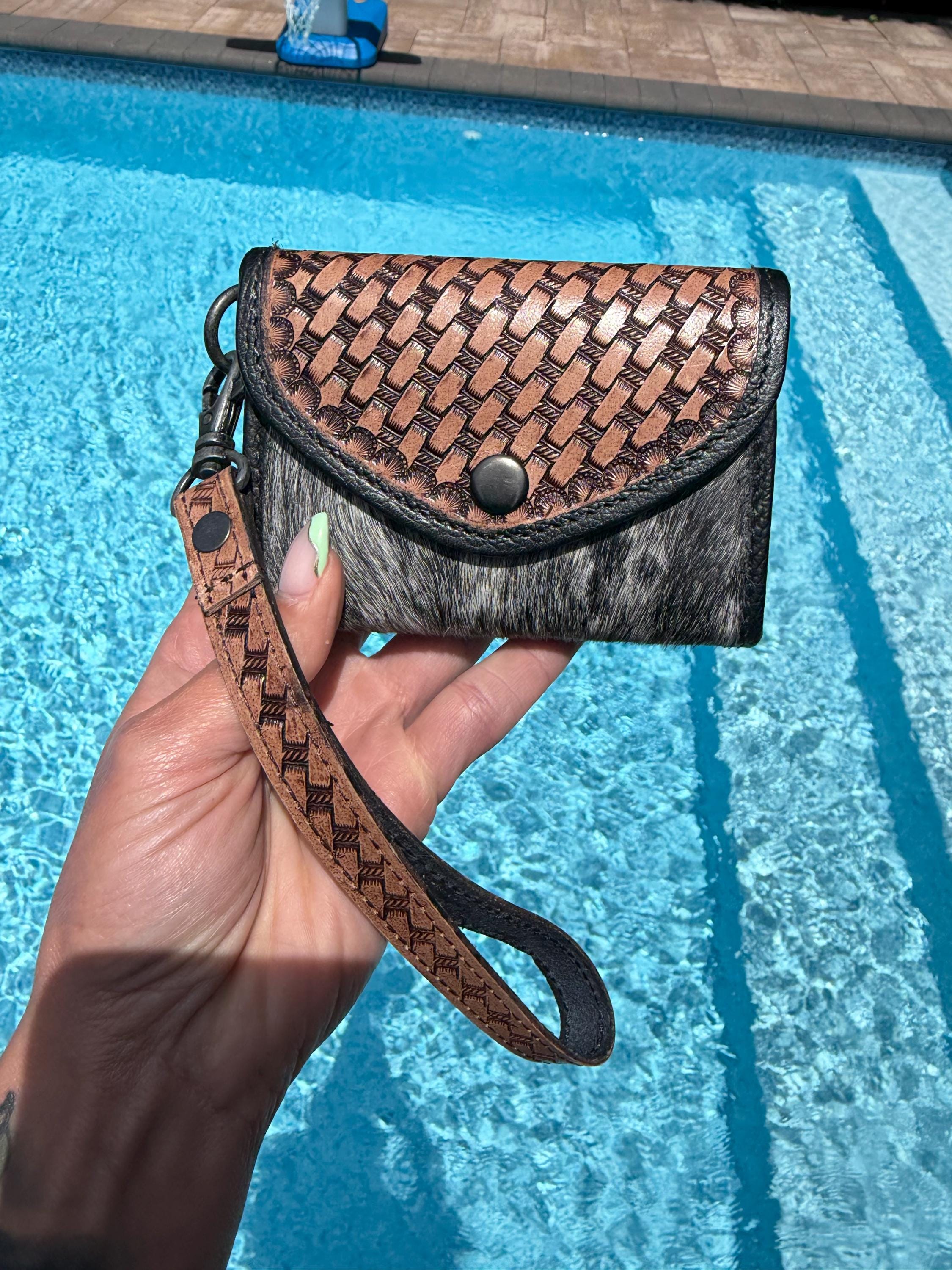 Hand-Tooled Brown Leather Hide Accordion Card Case | Snap Closure Wallet with Wrist Strap 2