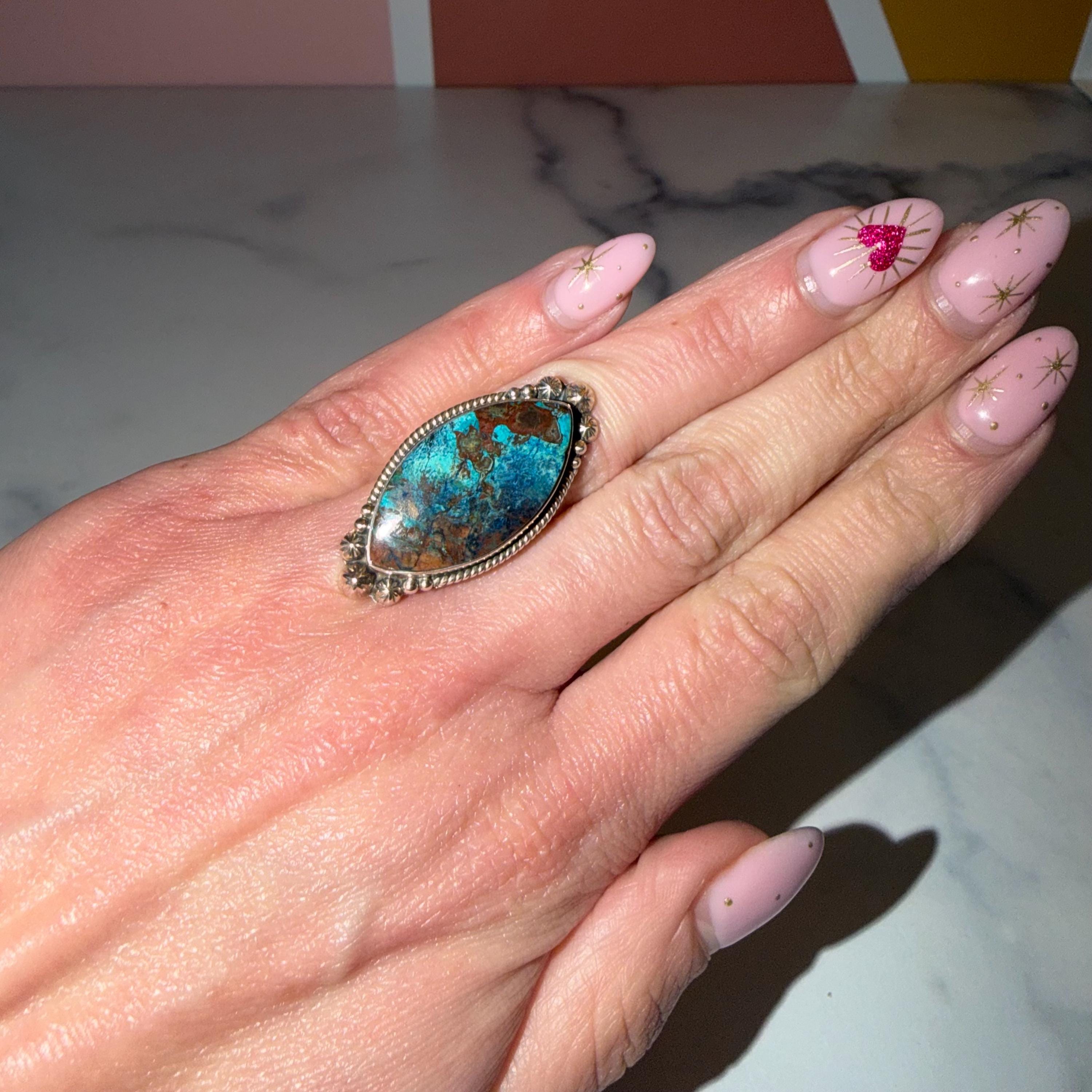 Chrysocolla Marquise Ring • Sterling Silver Blue Green Gemstone Boho Statement (Size 6) 2