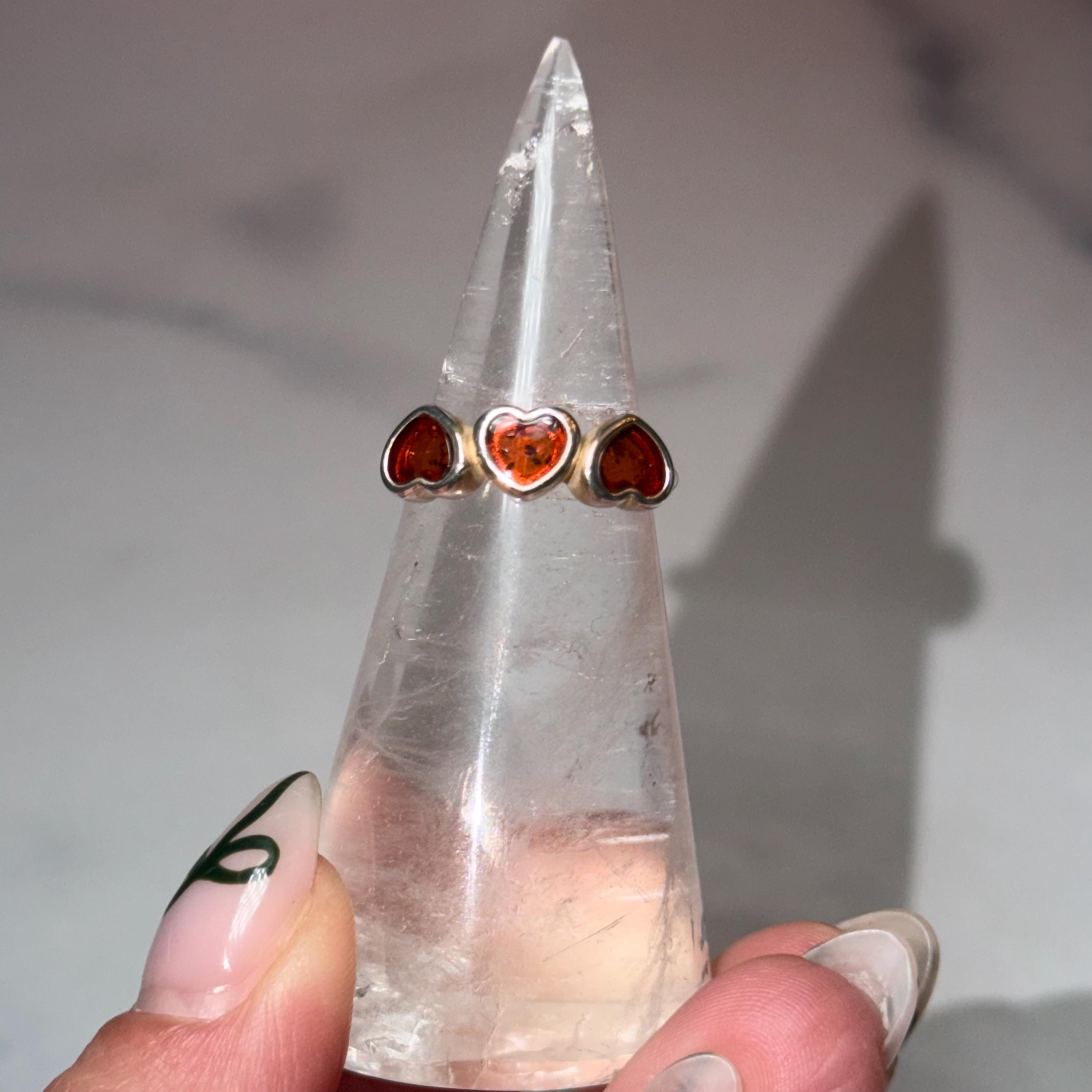 Triple Amber Heart Ring • Sterling Silver 925, Size 6, Warm Gemstone Statement Jewelry 5