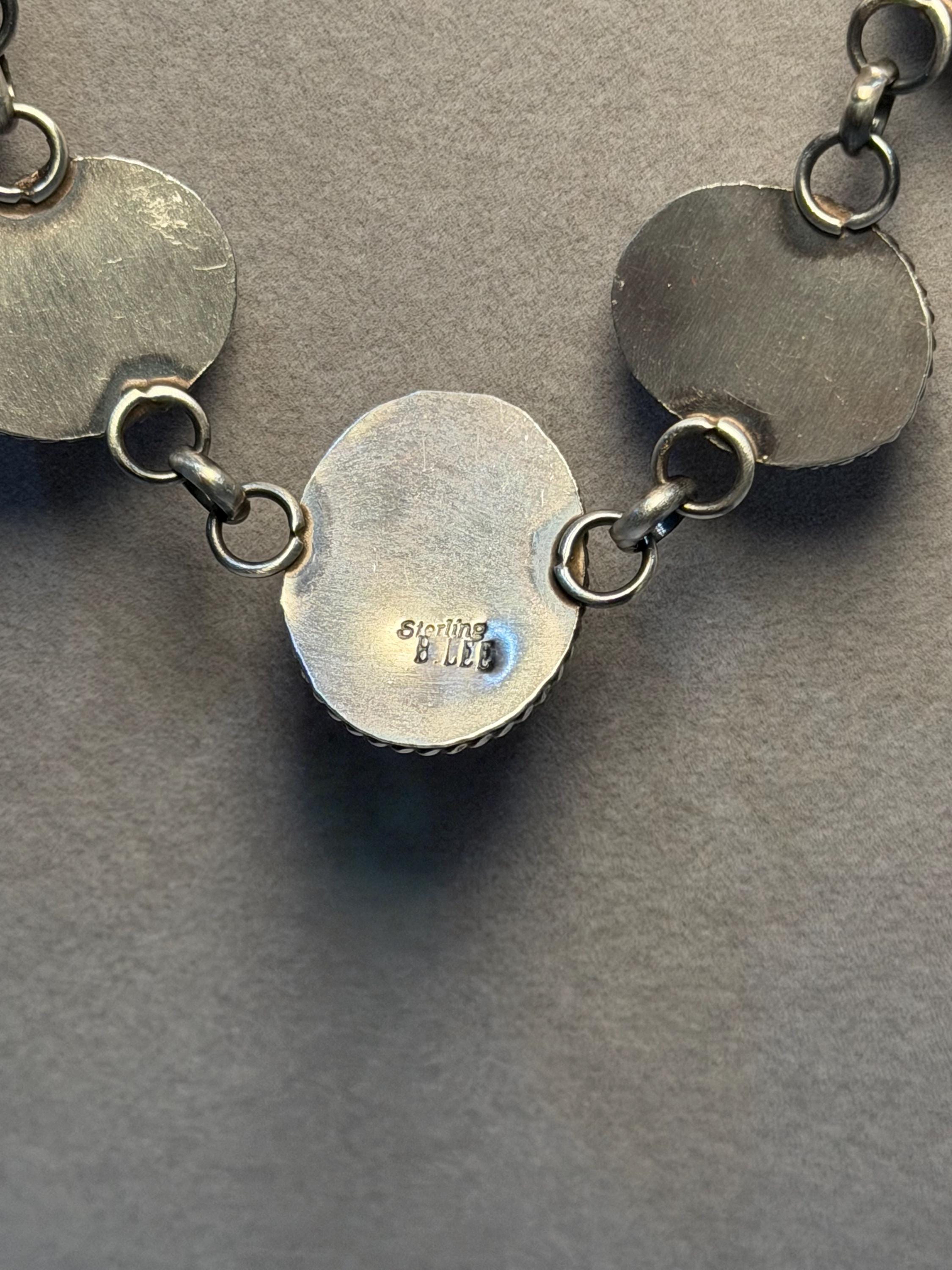 Pink Conch Five Stone Necklace, Sterling Silver, Native Made Stamped B. Lee 6