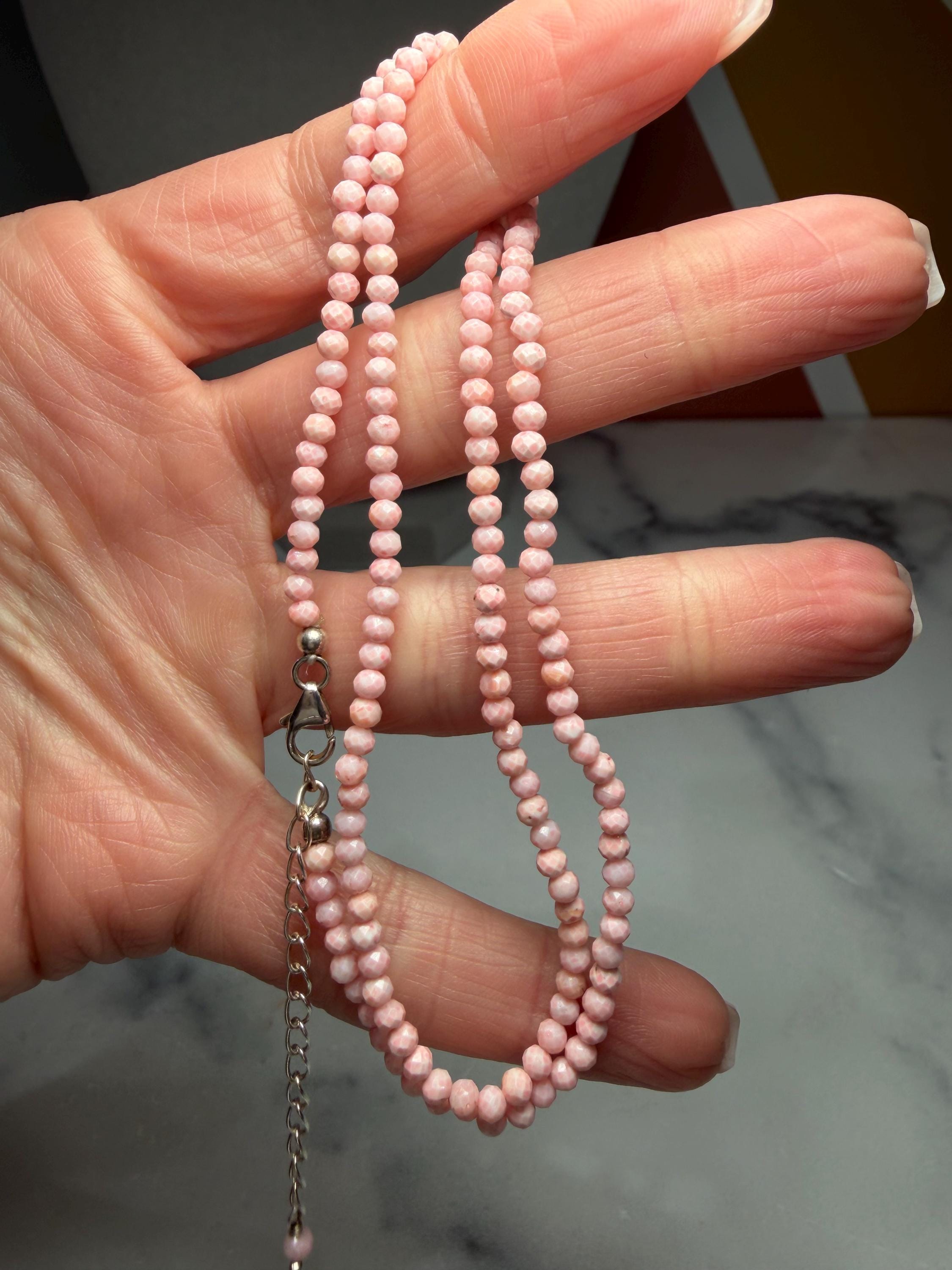 Dainty Pink Opal Beaded Necklace, Sterling Silver Chain, Adjustable Length 5