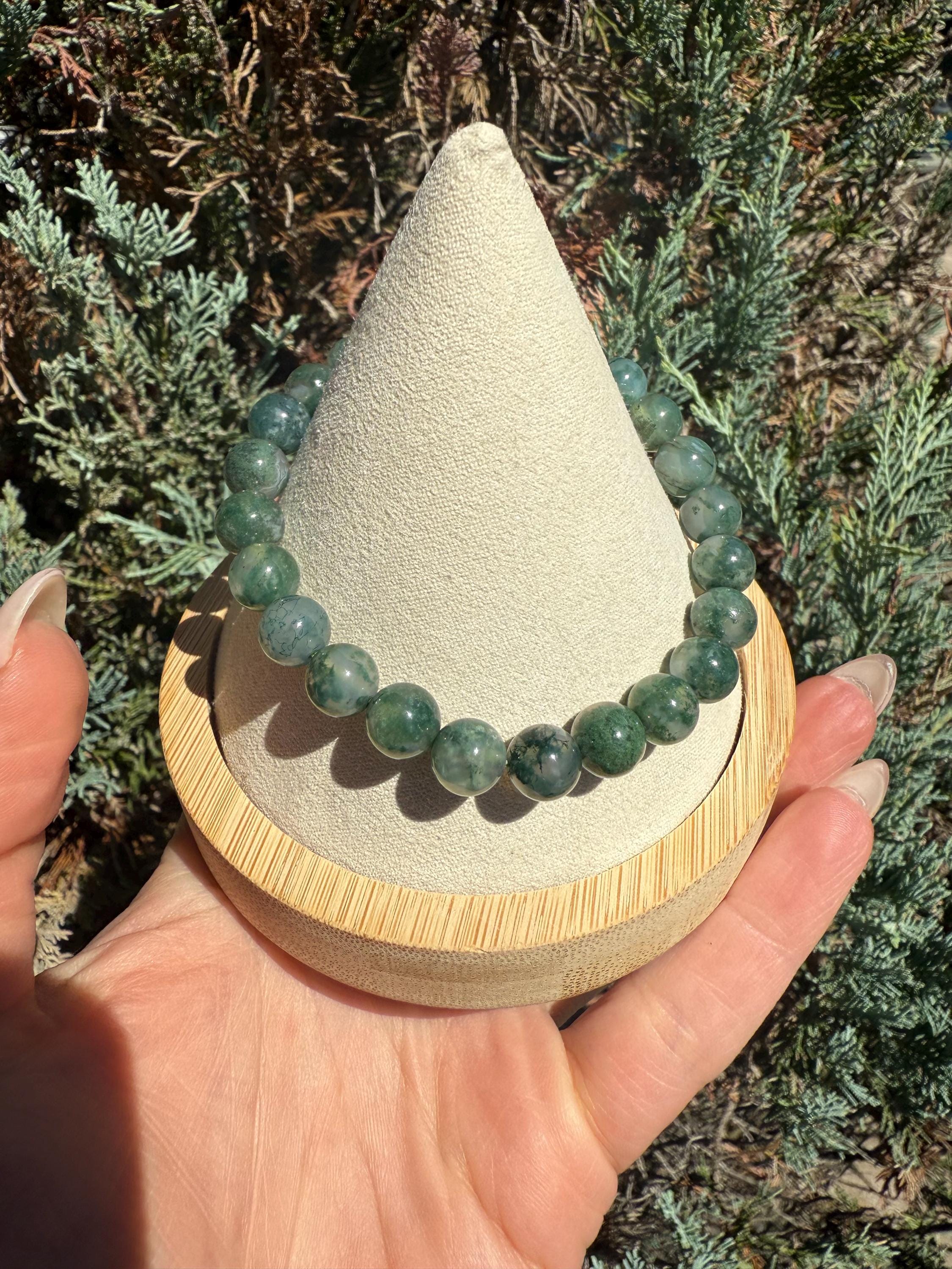 Moss Agate Stretch Beaded Bracelet, Grounding Crystal Healing Jewelry (9mm) 2