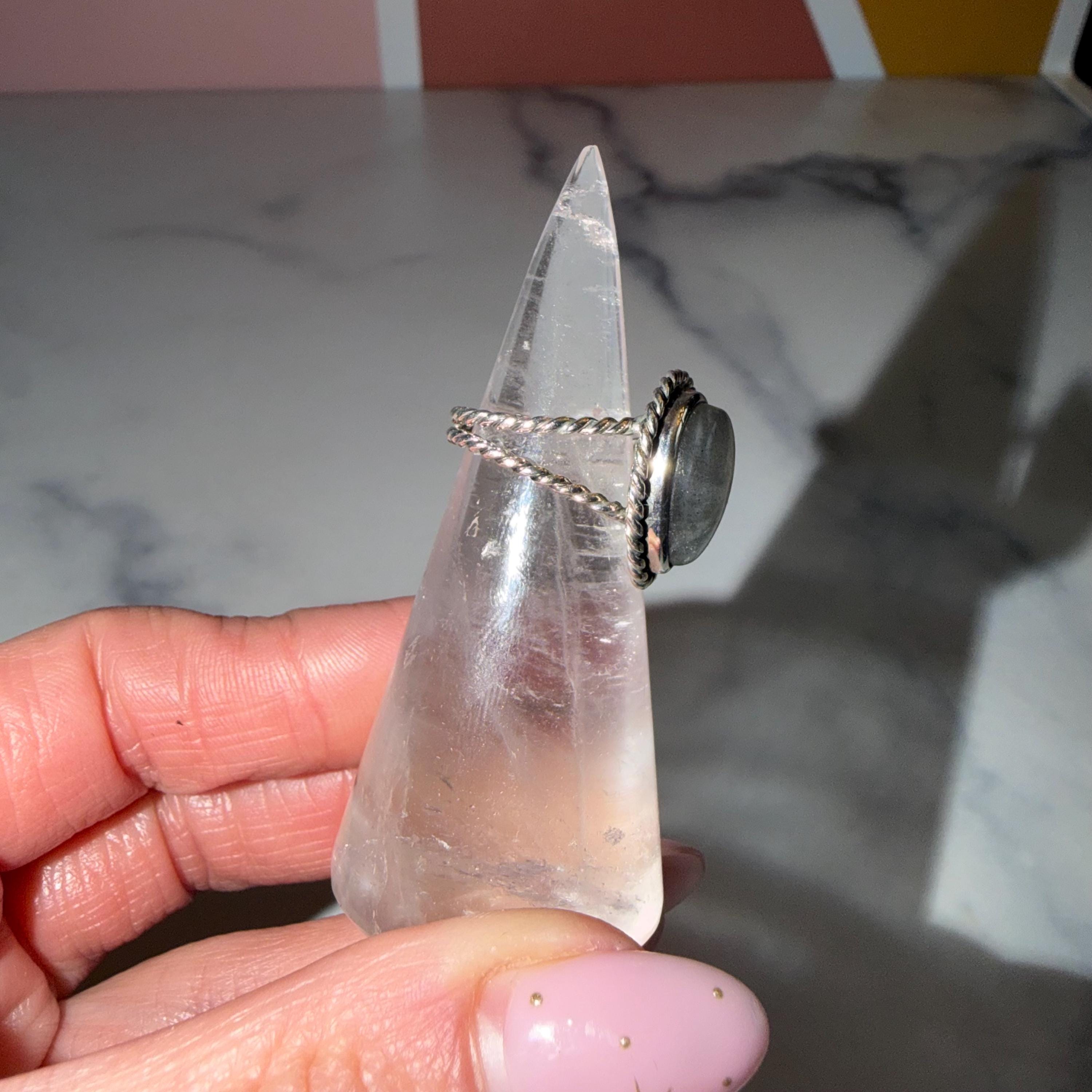 Flashy Labradorite Ring, Sterling Silver Rope Double Shank Band, Boho Statement Jewelry (size 5.25) 5