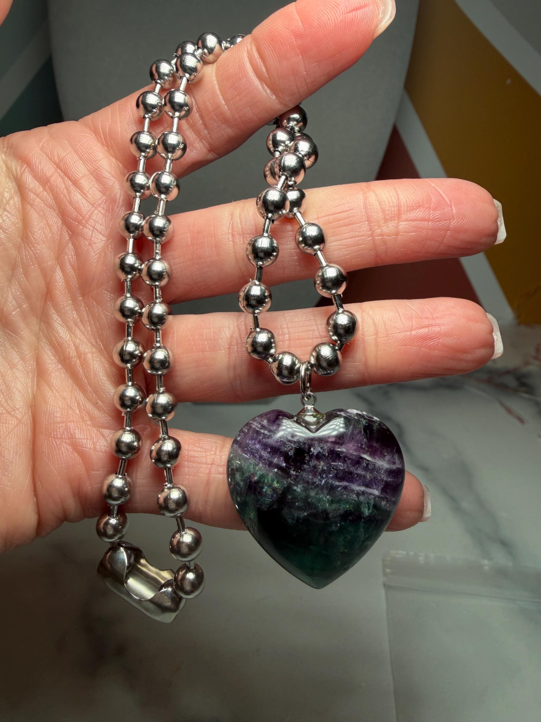 Fluorite Heart Necklace, Sterling Silver Ball Chain, Multicolor Gemstone Pendant 3