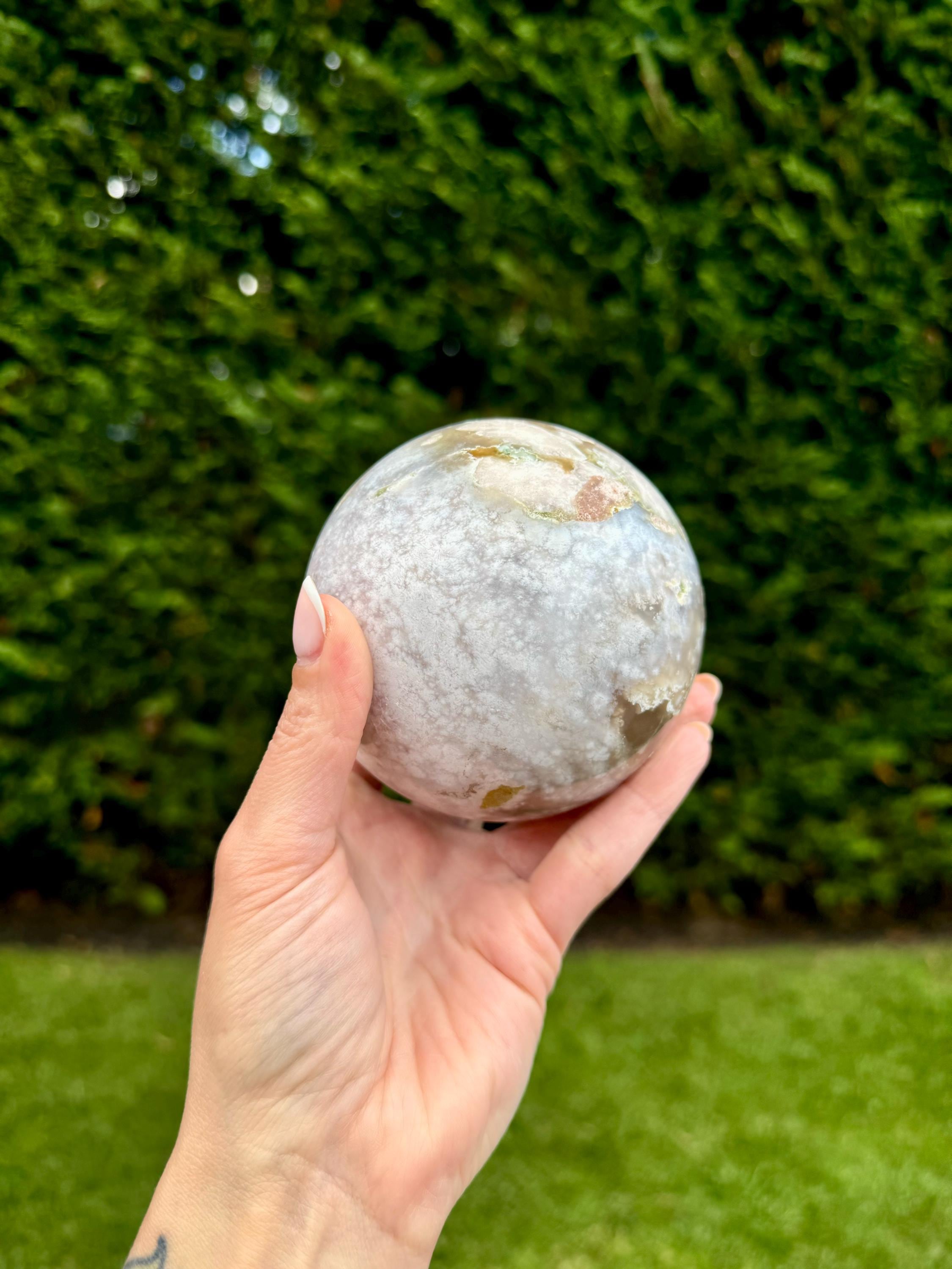 Flower Agate Crystal Sphere, Carnelian Amethyst Orb, Large Natural Stone Decor 3