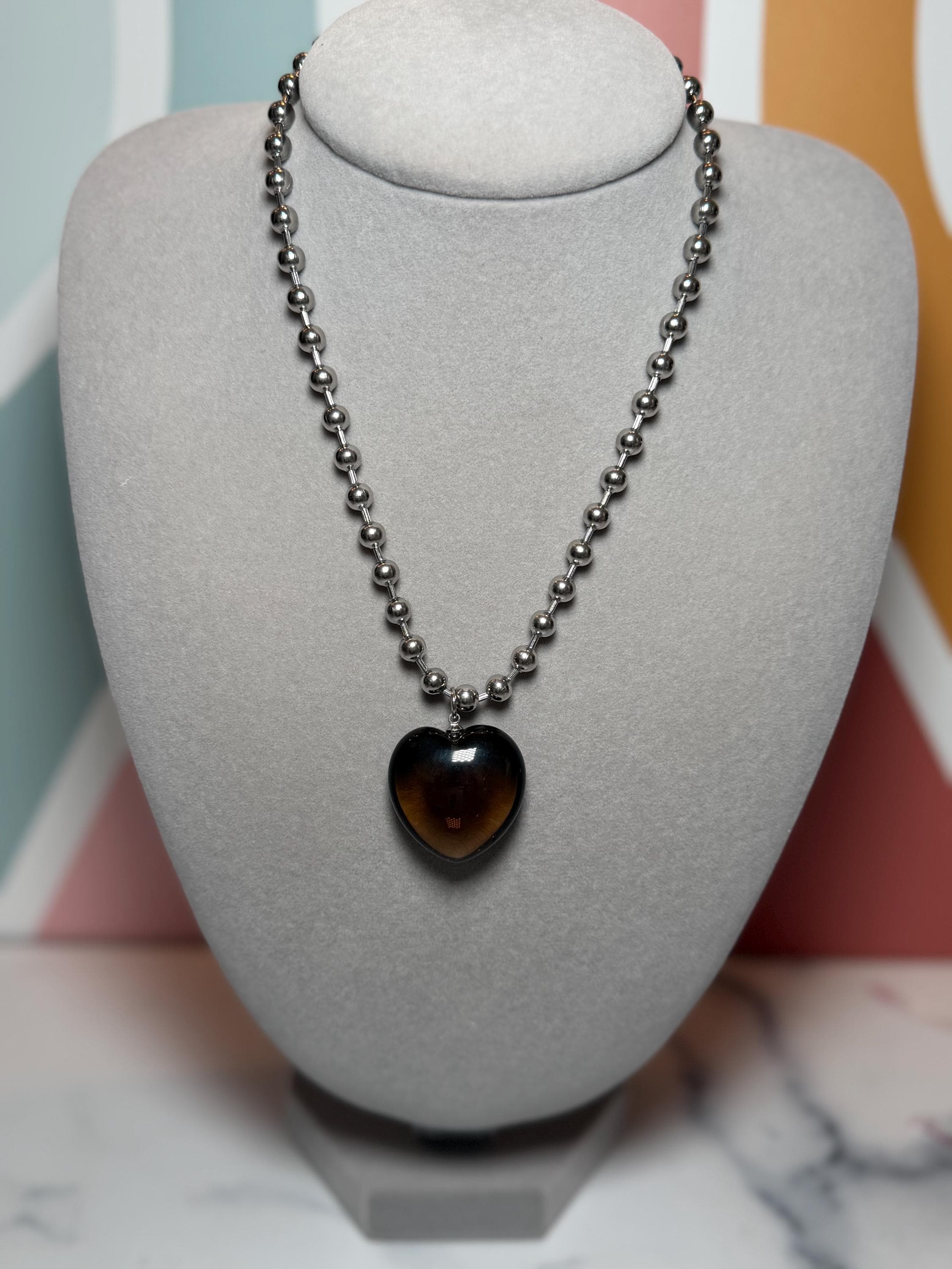 Smoky Quartz Heart Pendant Necklace, Sterling Silver Ball Chain, 17 Inch
