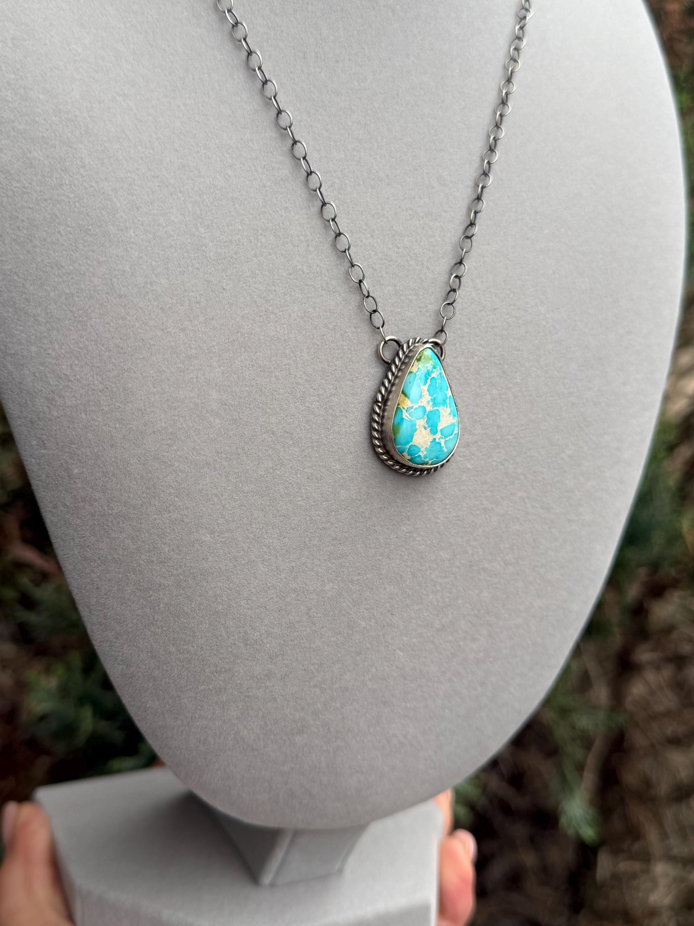 Sonoran Gold Turquoise Teardrop Bar Necklace, Sterling Silver, Southwest Artisan Stamped, 19.5 Inch Chain 7