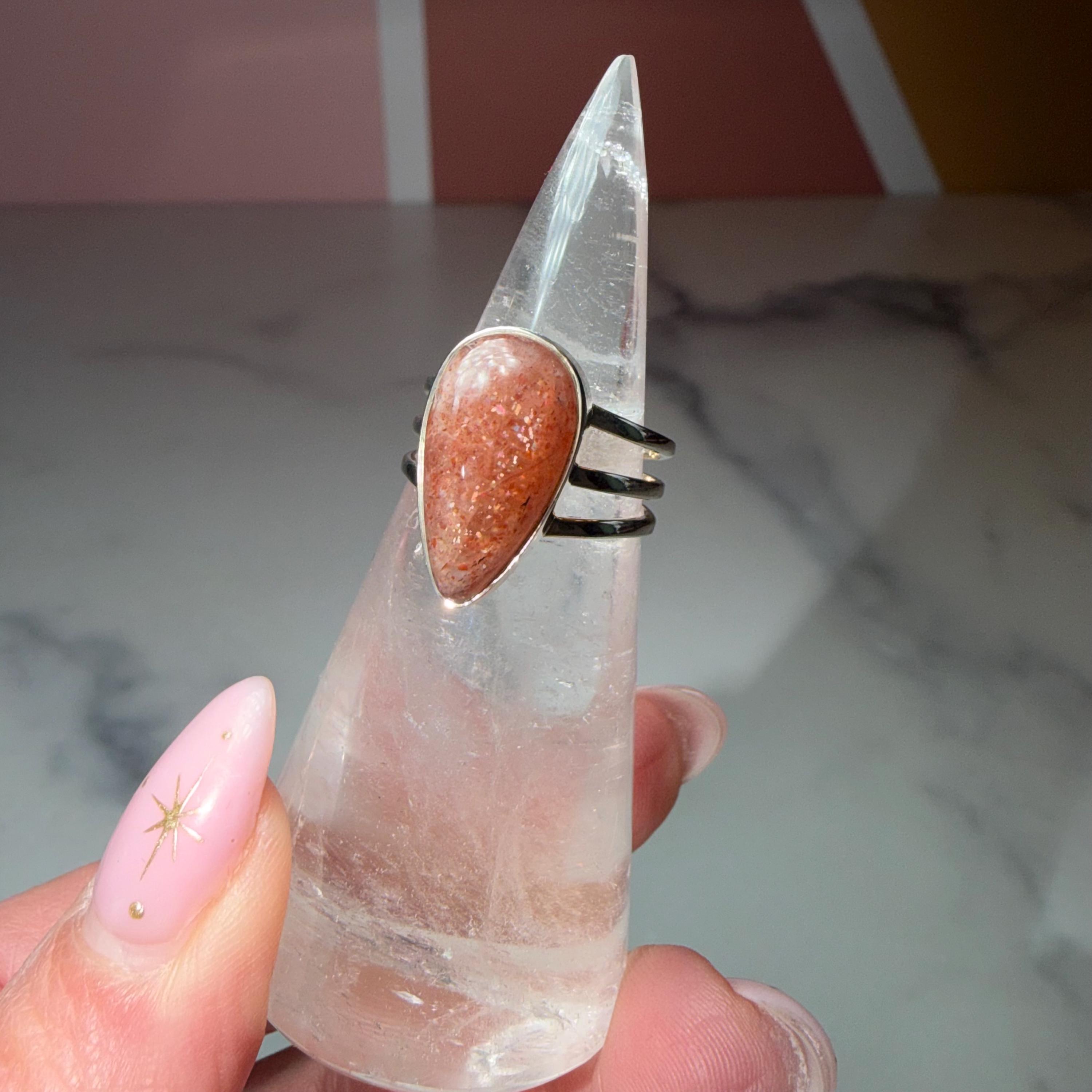 Sunstone Triple Band Ring, Peach Gemstone, Sterling Silver Statement Jewelry (size 6) 3