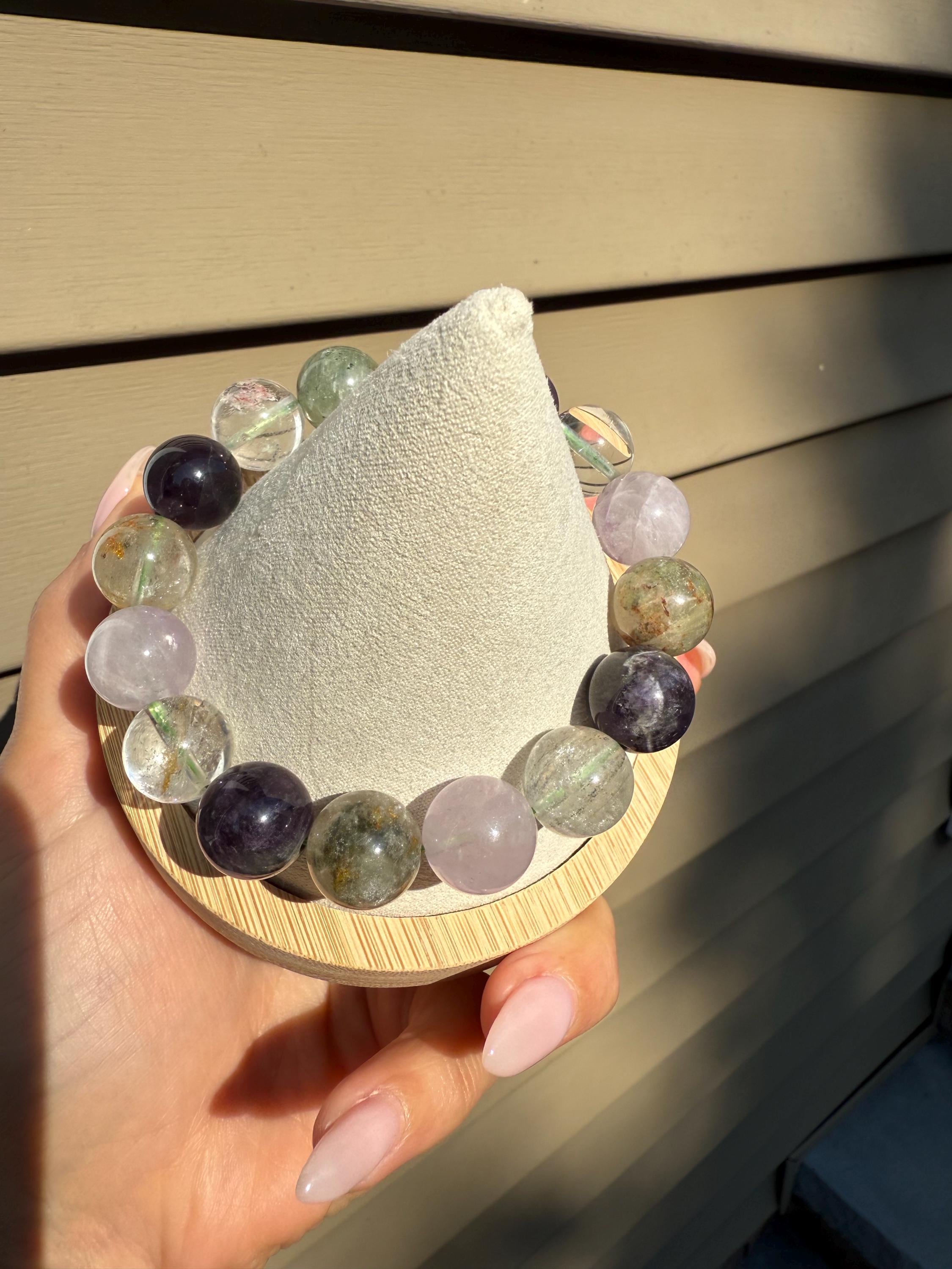 Garden Quartz, Purple Amethyst, and Rose Quartz 14mm Gemstone Bracelet Balance Energy 2