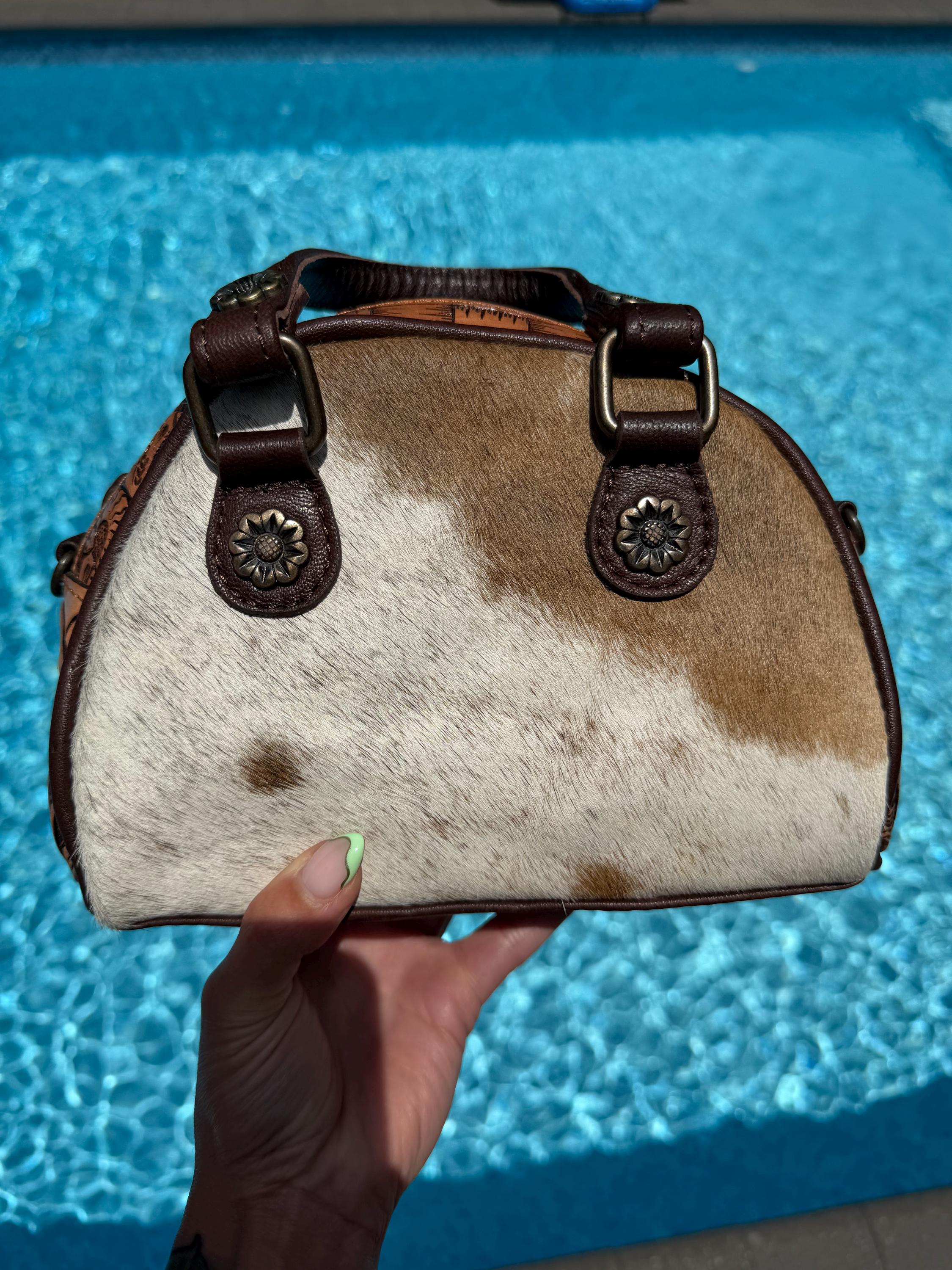 Hair-on Hide Tooled Leather Taco Bag | Western Crossbody Handbag, Rustic Style 3