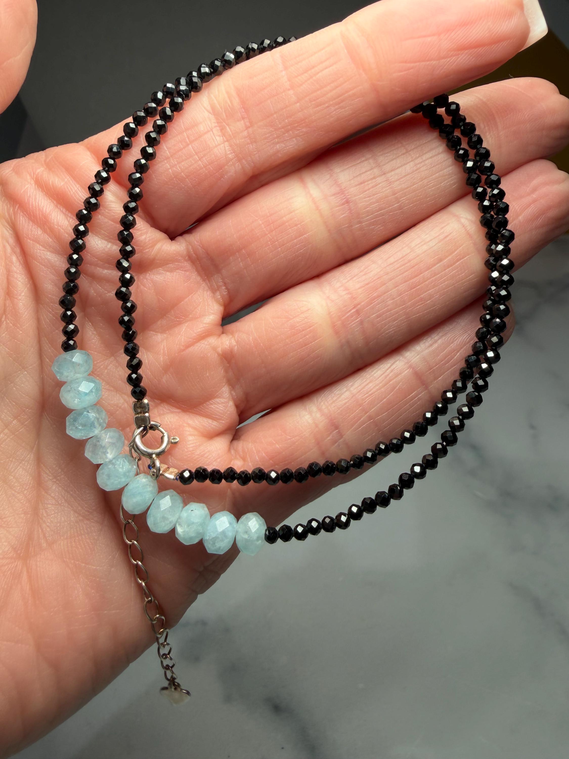 Faceted Black Spinel Aquamarine Sterling Silver Necklace (16 Inch + 2 Inch Extender) 6