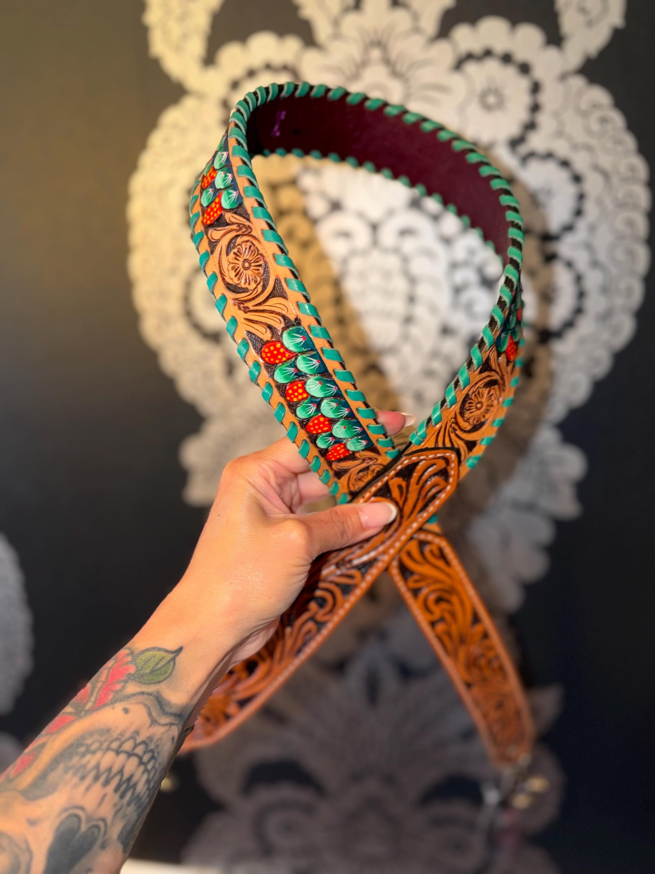 Tooled Leather Cactus Purse Strap 5