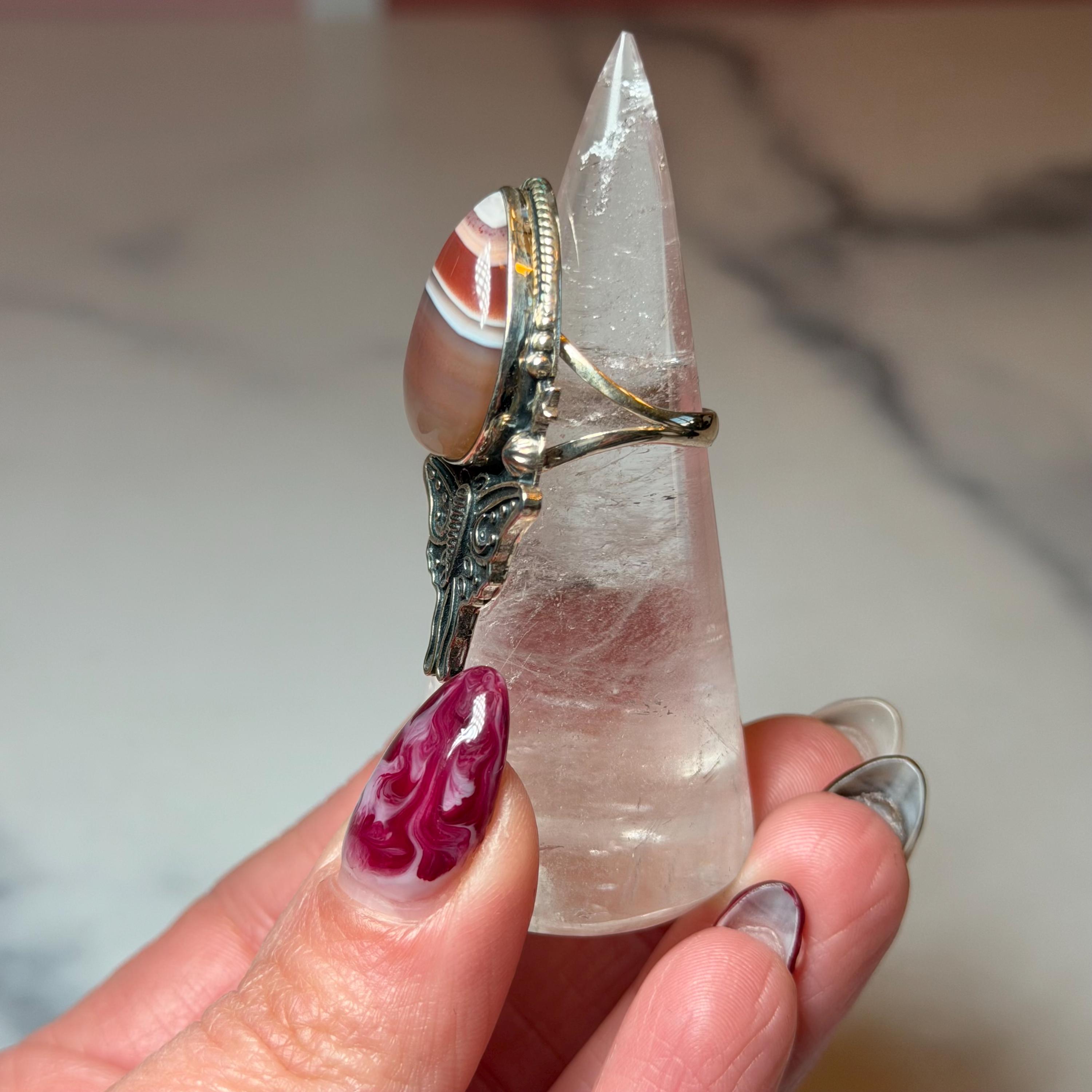 Botswana Agate Luna Moth Ring • Sterling Silver • Celestial Boho Statement Jewelry (size 7) 3