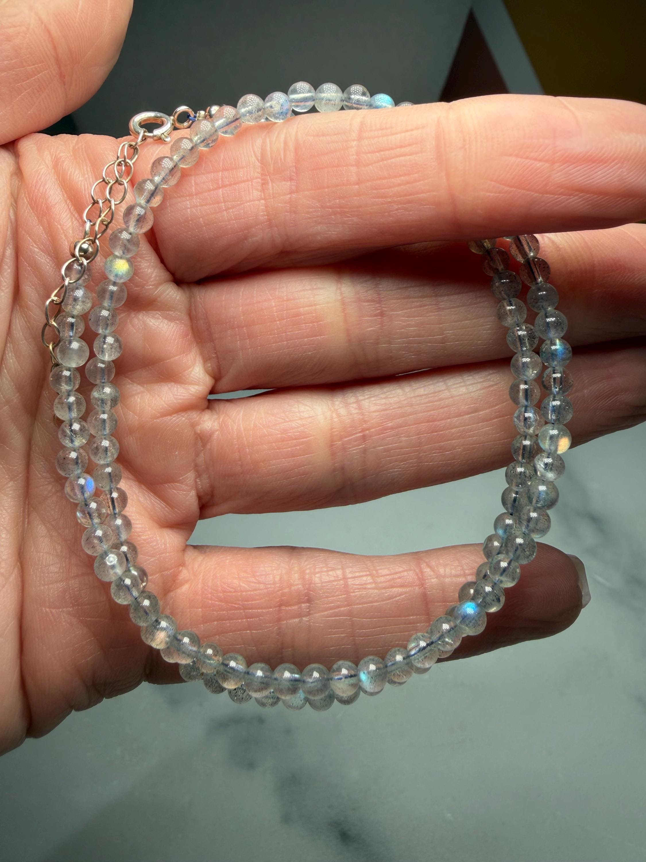 Dainty Beaded Labradorite Necklace, 925 Sterling Silver, Blue Gray Flash, Adjustable Chain 3