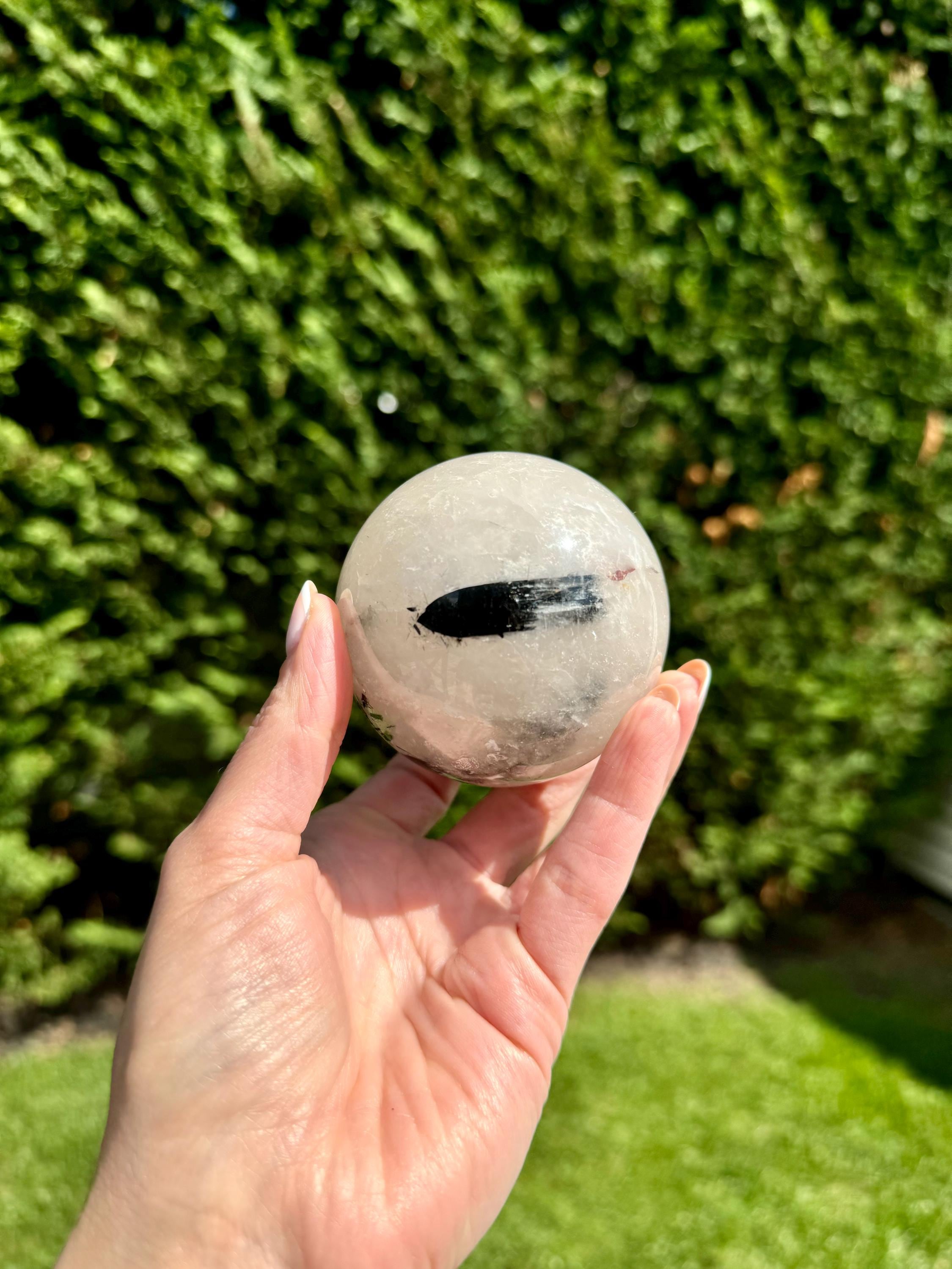 Tourmalated Quartz Crystal Sphere, Black Tourmaline Inclusions, Protection Stone Decor (63mm)