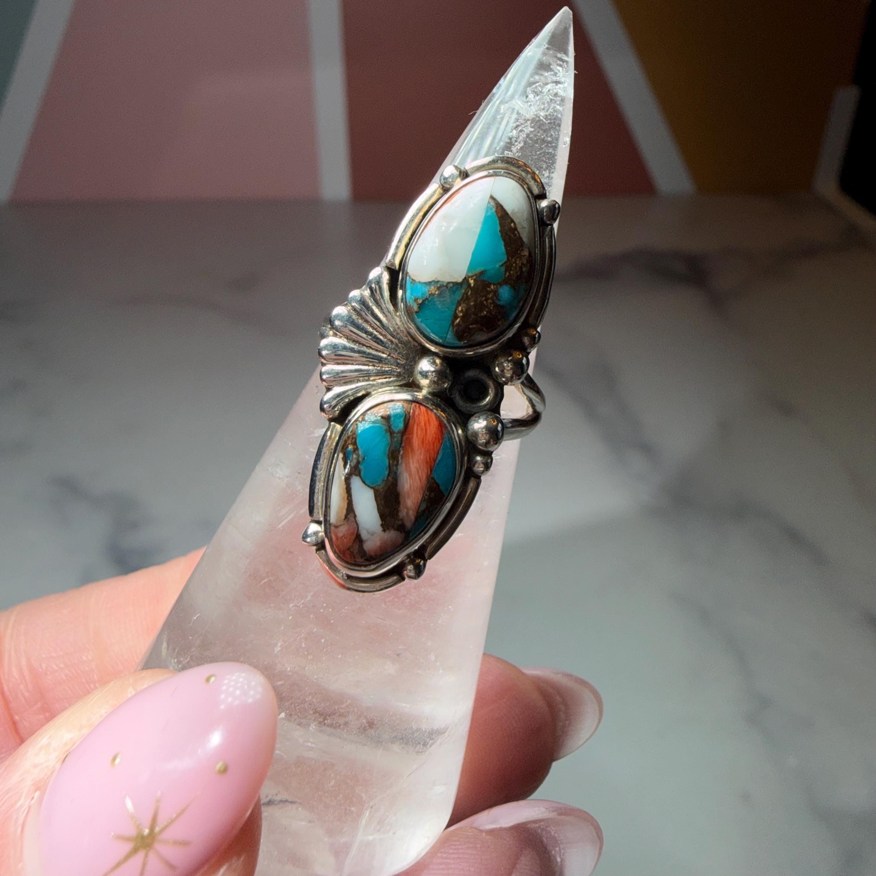 Spiny Oyster Turquoise Sterling Silver Statement Ring Size 7 Southwestern Style 3