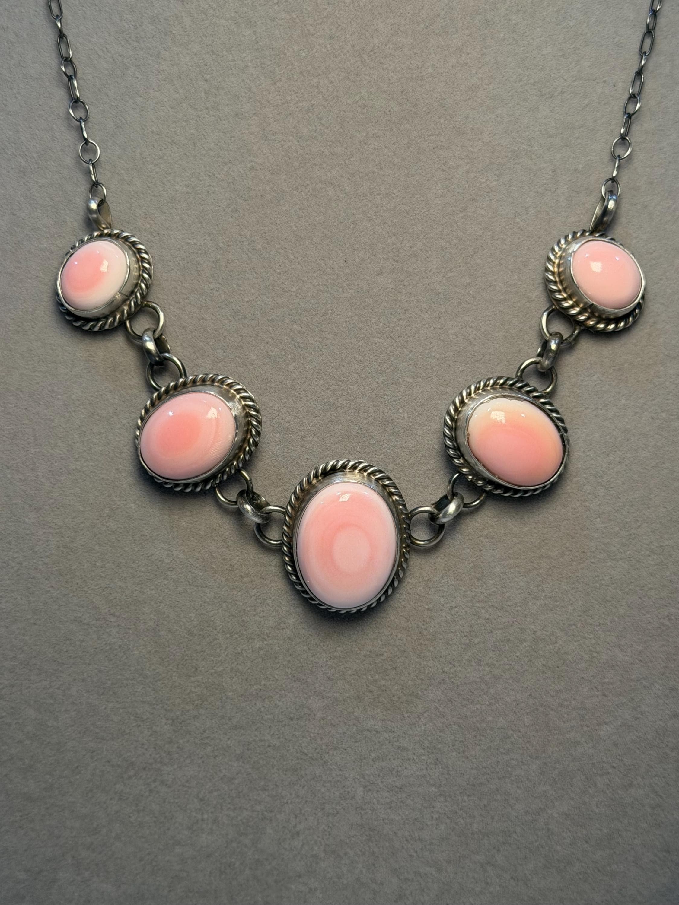 Pink Conch Five Stone Necklace, Sterling Silver, Native Made Stamped B. Lee 2