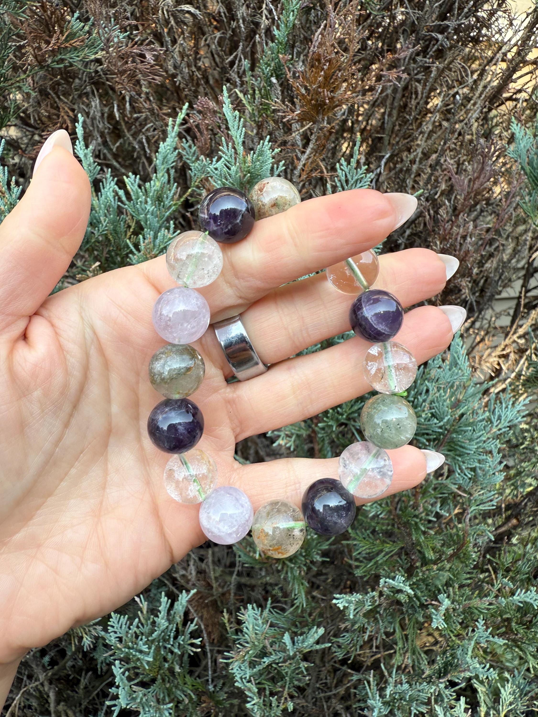 Garden Quartz, Purple Amethyst, and Rose Quartz 14mm Gemstone Bracelet Balance Energy 9