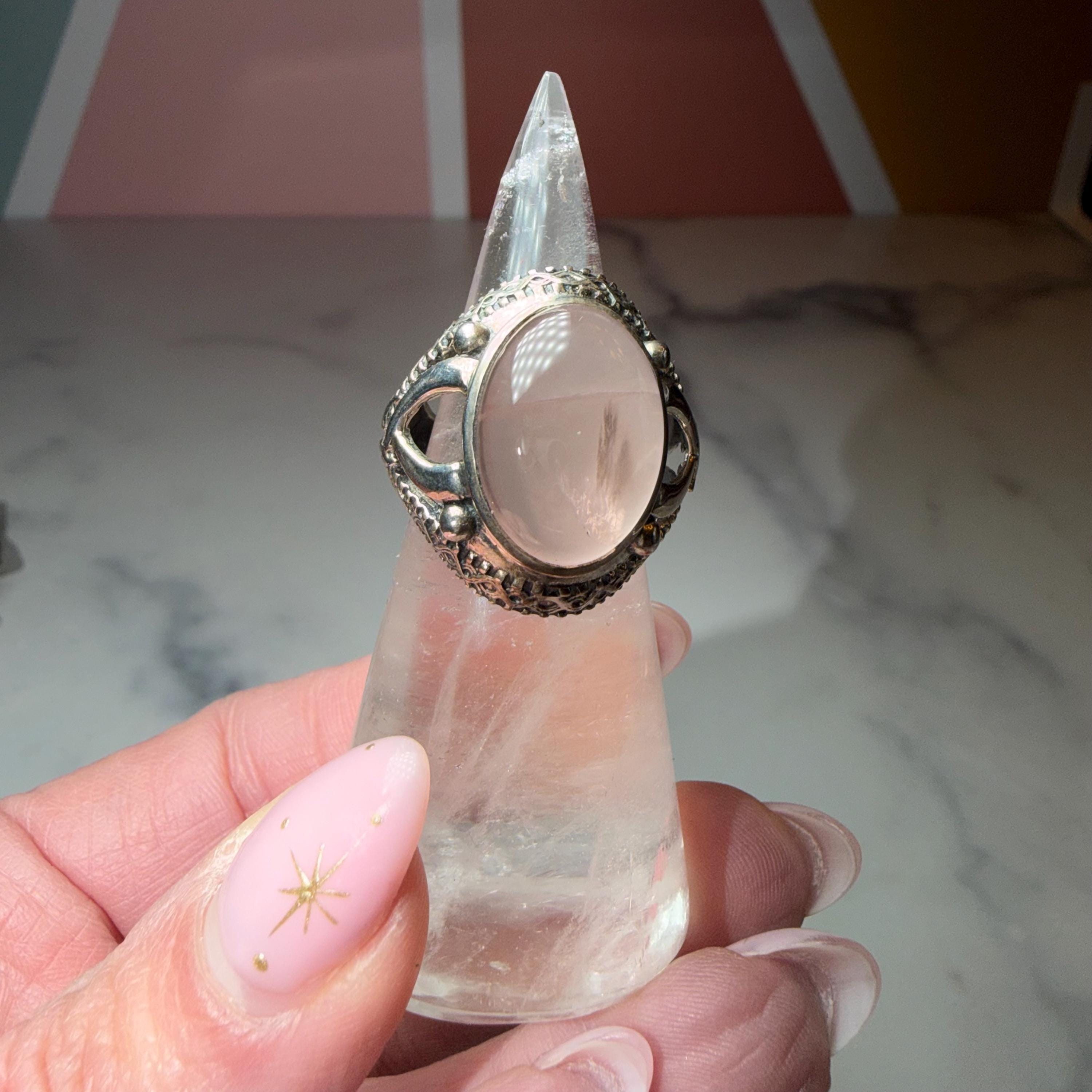 Large Rose Quartz Ring, Ornate 925 Sterling Silver, Statement Crystal Jewelry Size 7 6